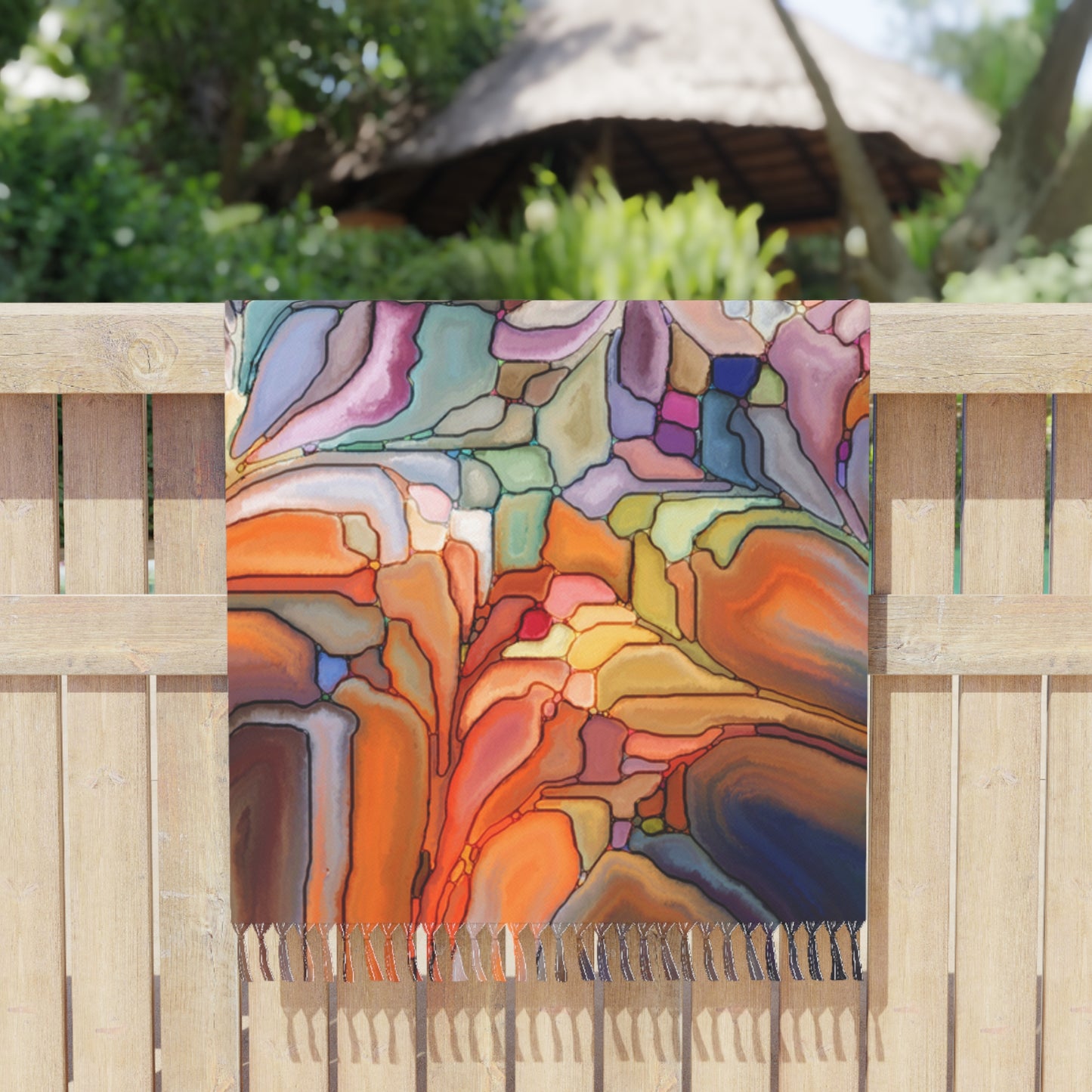 Colorful Abstract Boho Beach Throw | Fringe Statement Blanket | Luxury Coastal Summer Decor