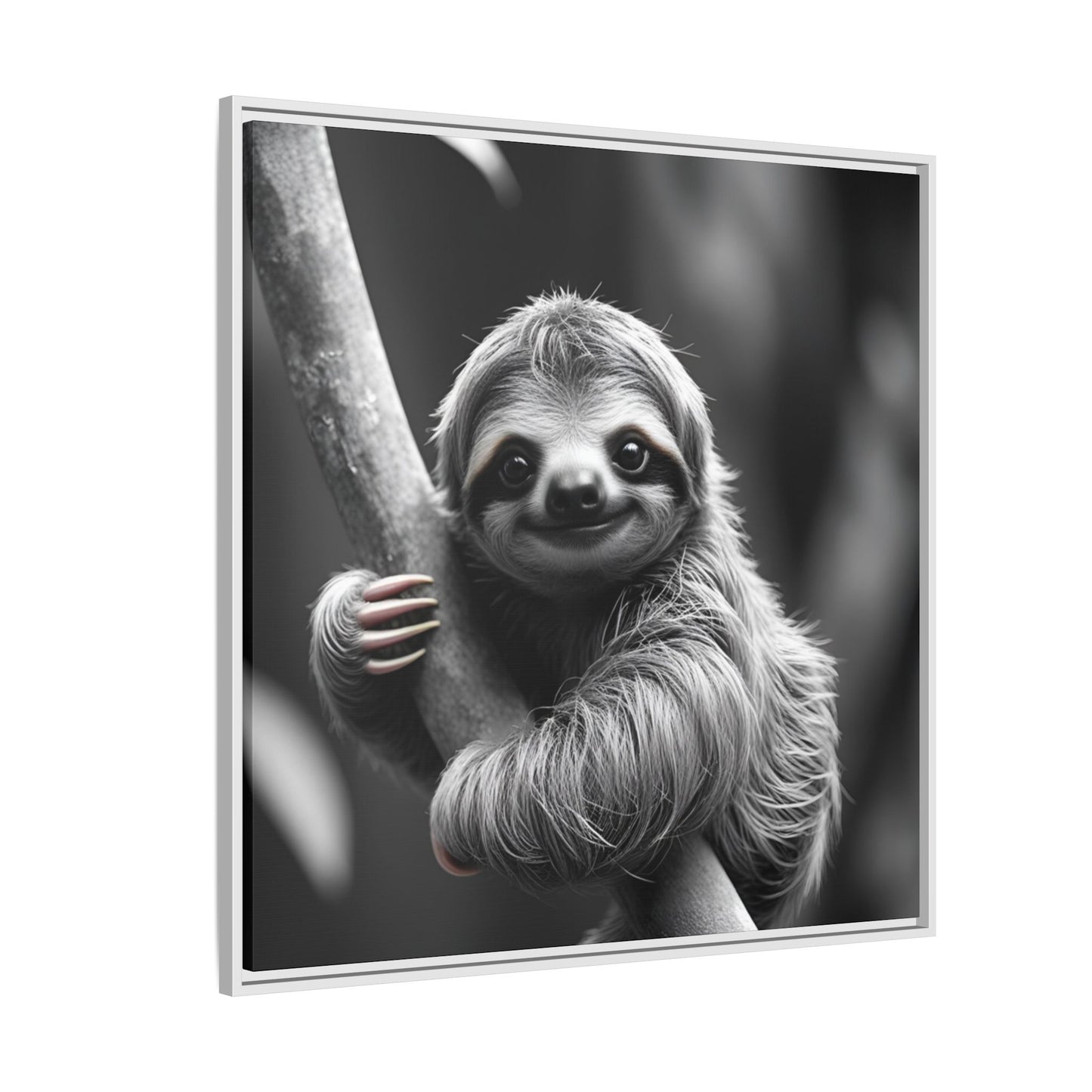 Framed artwork of a sloth hanging on a branch with a white border.