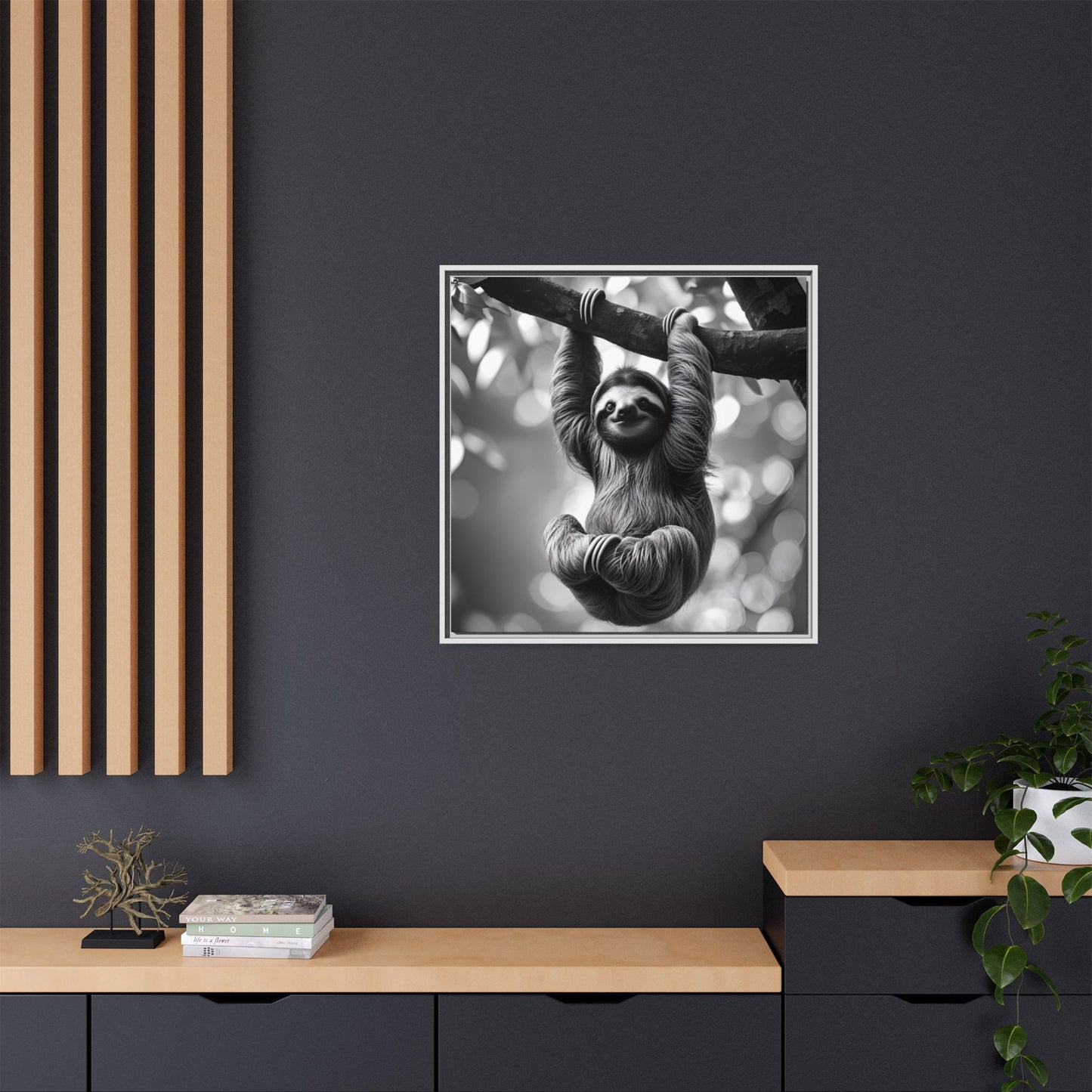 Black and White Sloth Framed Canvas Wall Art, Minimalist Animal Print, Modern Jungle Wildlife Home Decor, Sloth Lover Gift, Monochrome Image