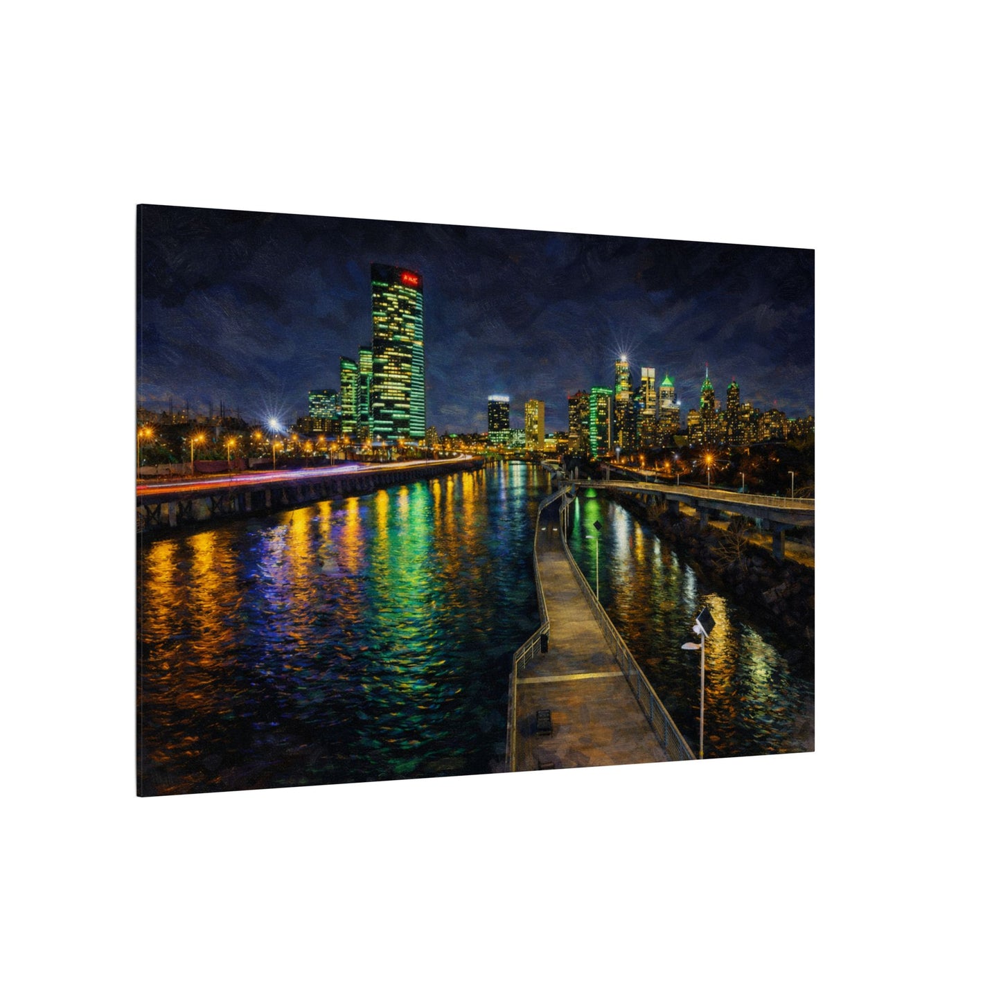 City skyline at night reflected in water with a boardwalk.