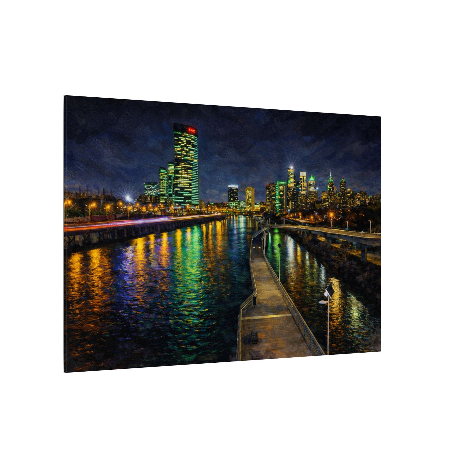 City skyline at night reflected in water with a boardwalk.