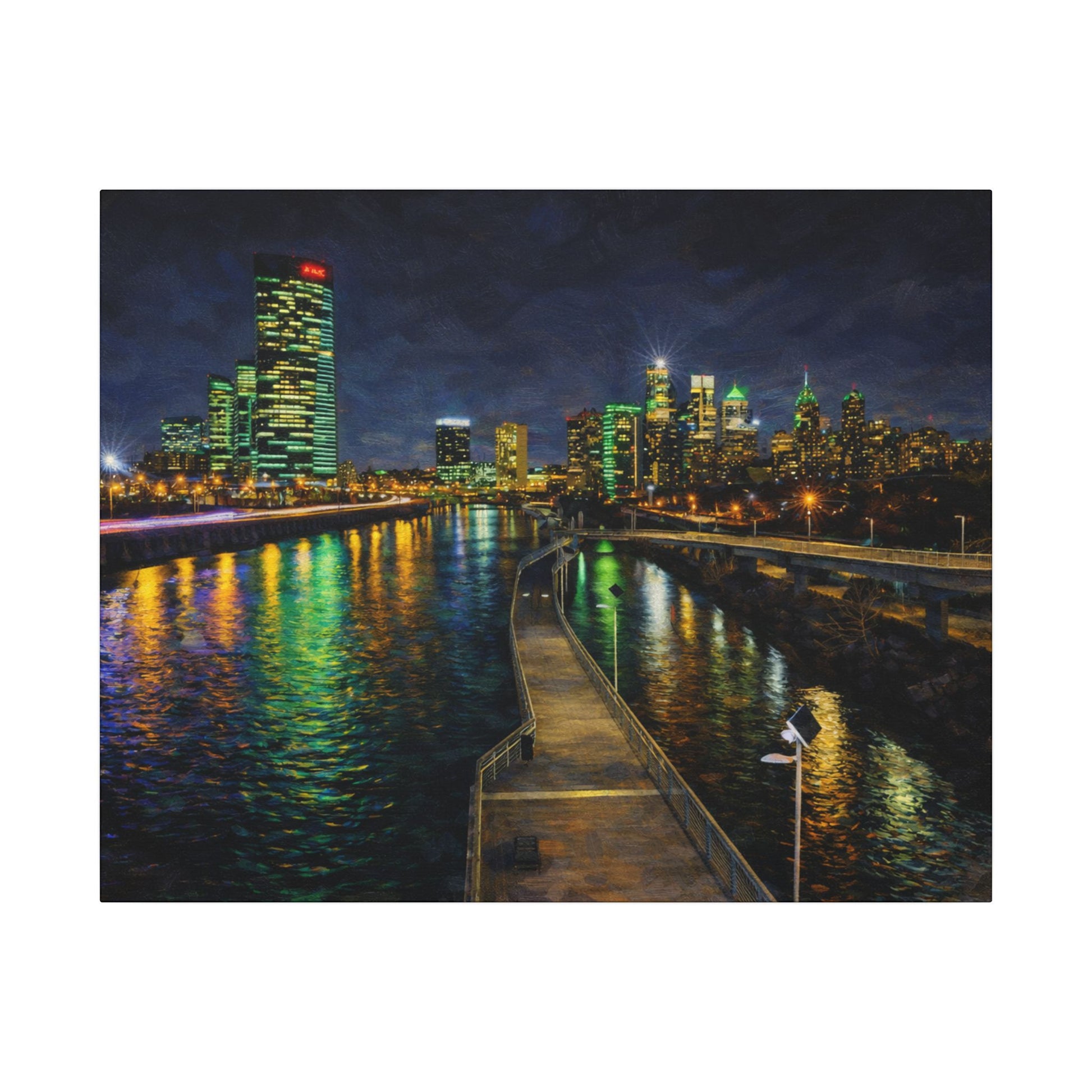 City skyline at night with illuminated buildings reflected in water