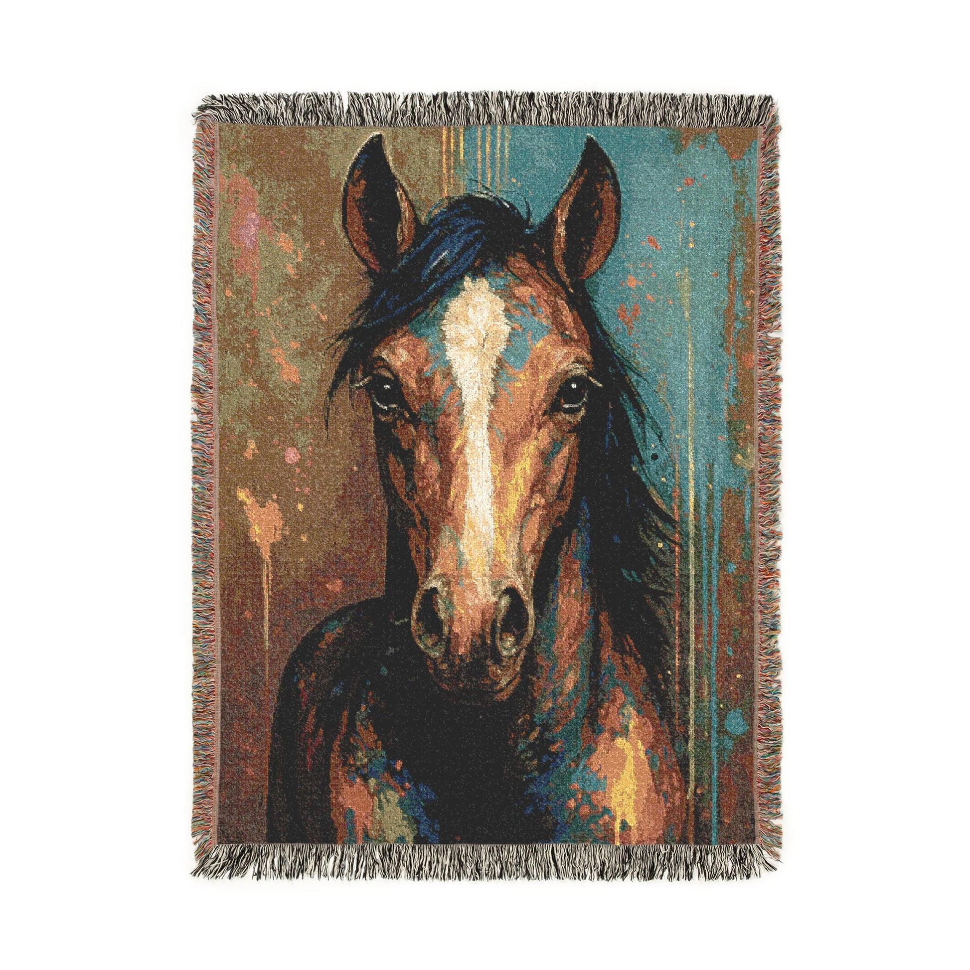 Woven blanket with a horse design on a white background