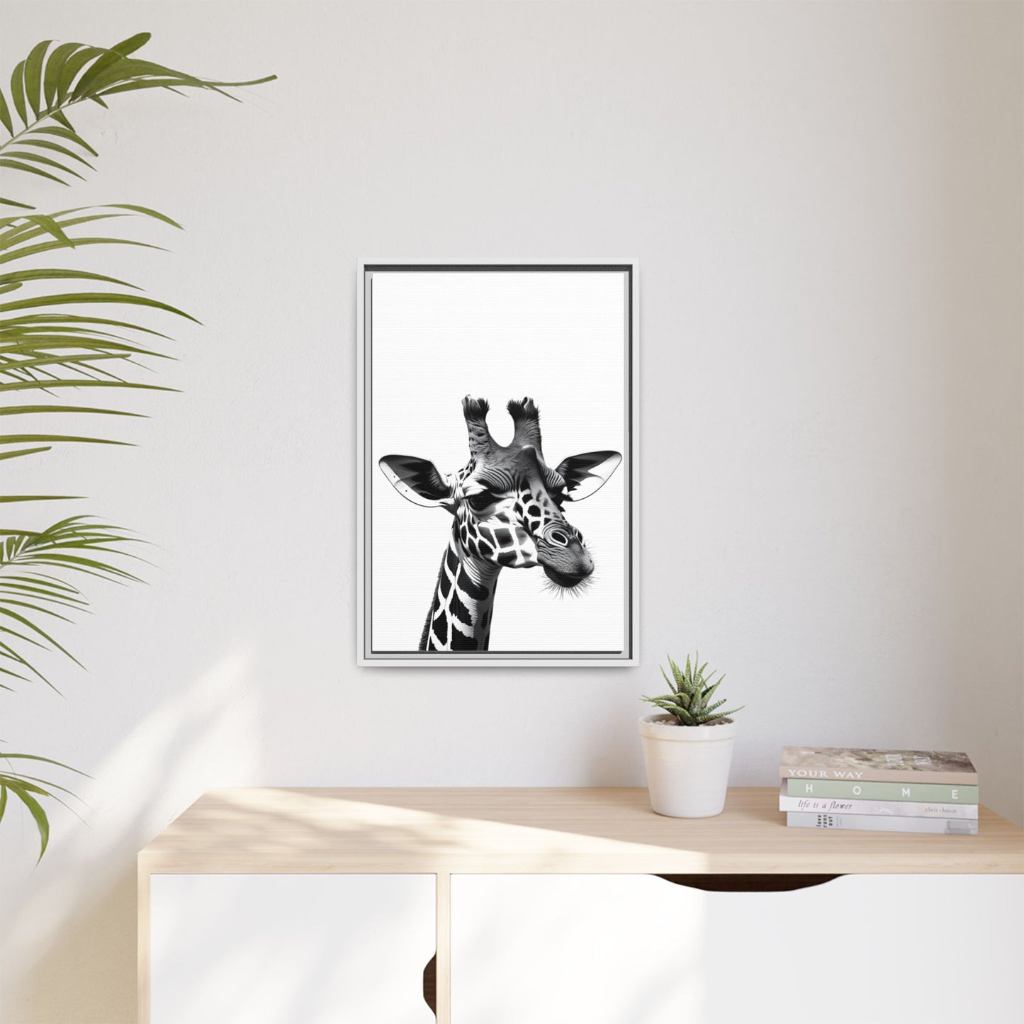 Black and White Giraffe Wall Art – Framed Safari Animal Canvas Print