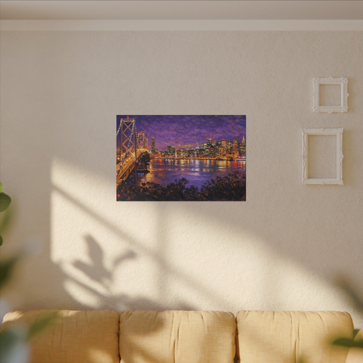 San Francisco Skyline Canvas Wall Art, Bay Bridge Night Painting, Impasto Style Artwork