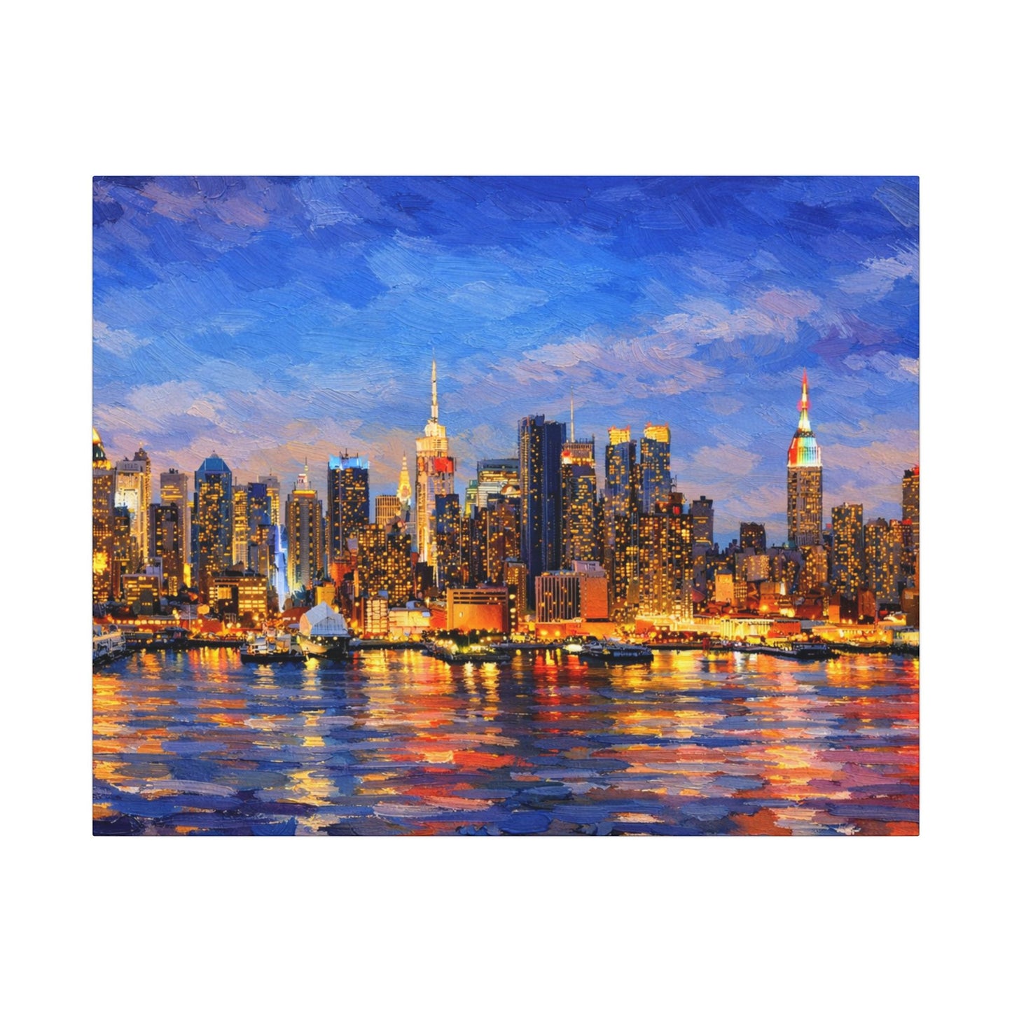 New York City Skyline Canvas Wall Art – Night Waterfront Impasto Cityscape Painting