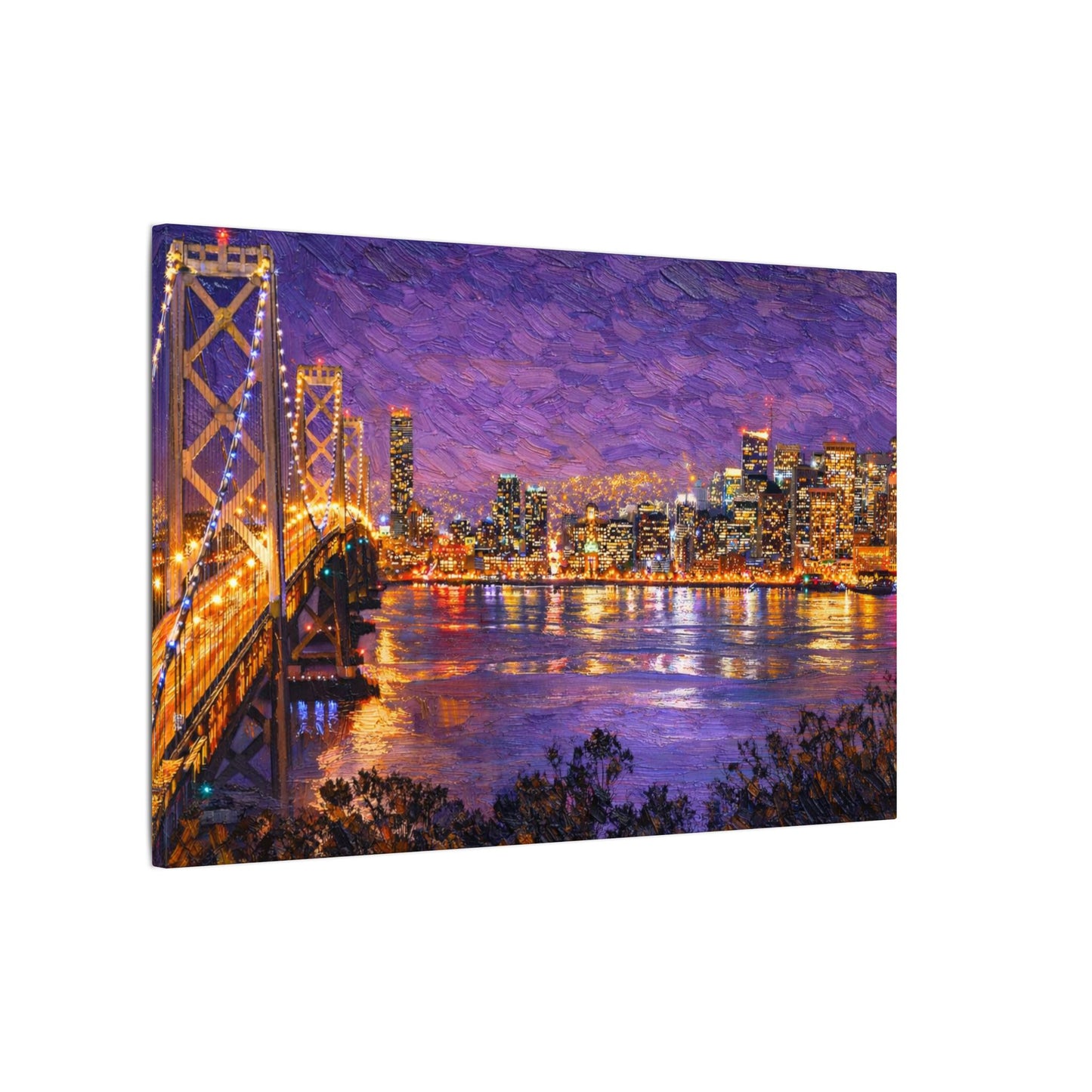 San Francisco Skyline Canvas Wall Art, Bay Bridge Night Painting, Impasto Style Artwork