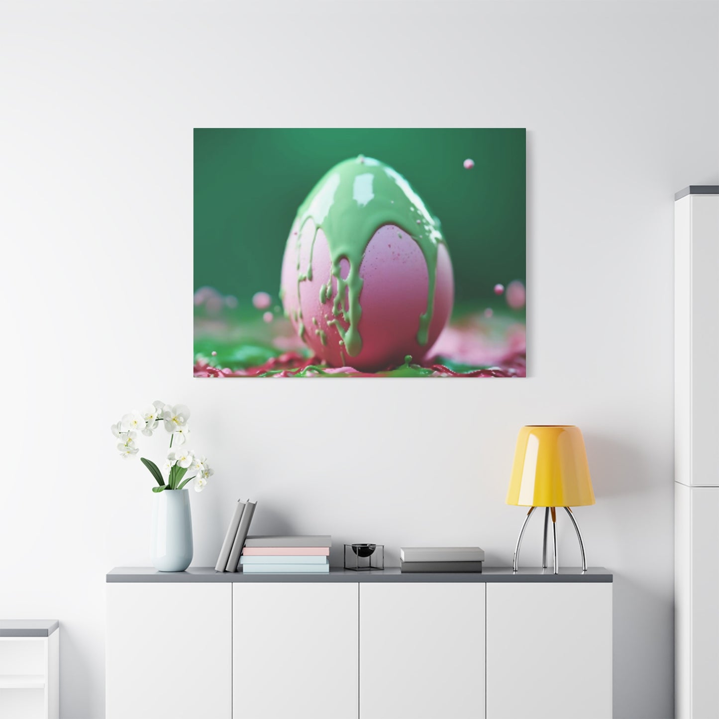Canvas Wall or Mantle Art Pink Easter Egg with Green Paint Spring Home Decor
