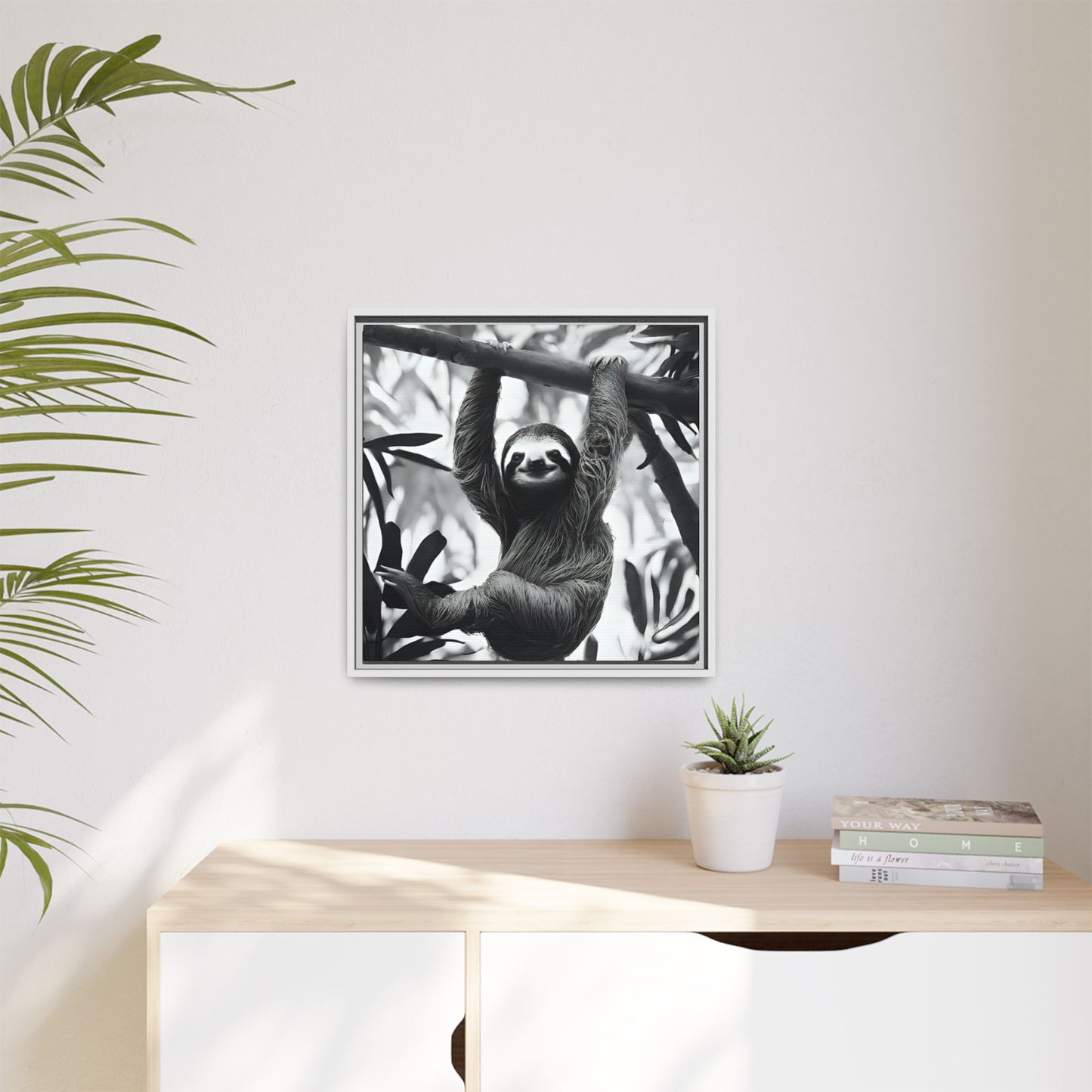 Playful Sloth Hanging from Tree Branch Black & White Animal Wall Art, Cute Sloth Photography Print, Jungle Theme Home Deco