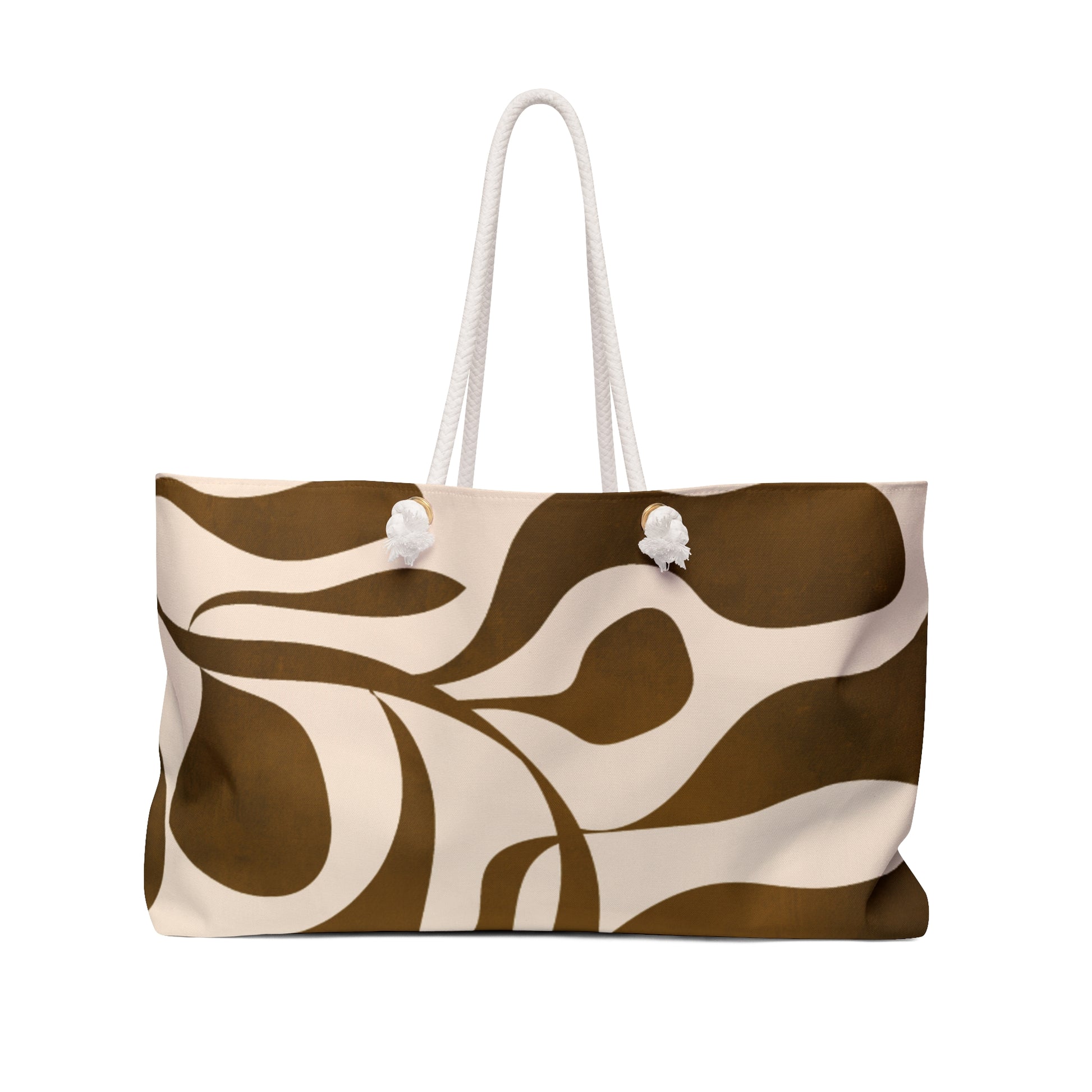 Brown and beige patterned tote bag on a white background