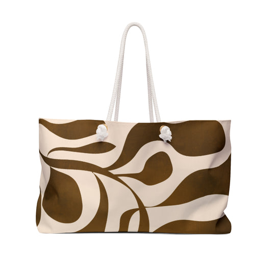 Brown and beige patterned tote bag on a white background