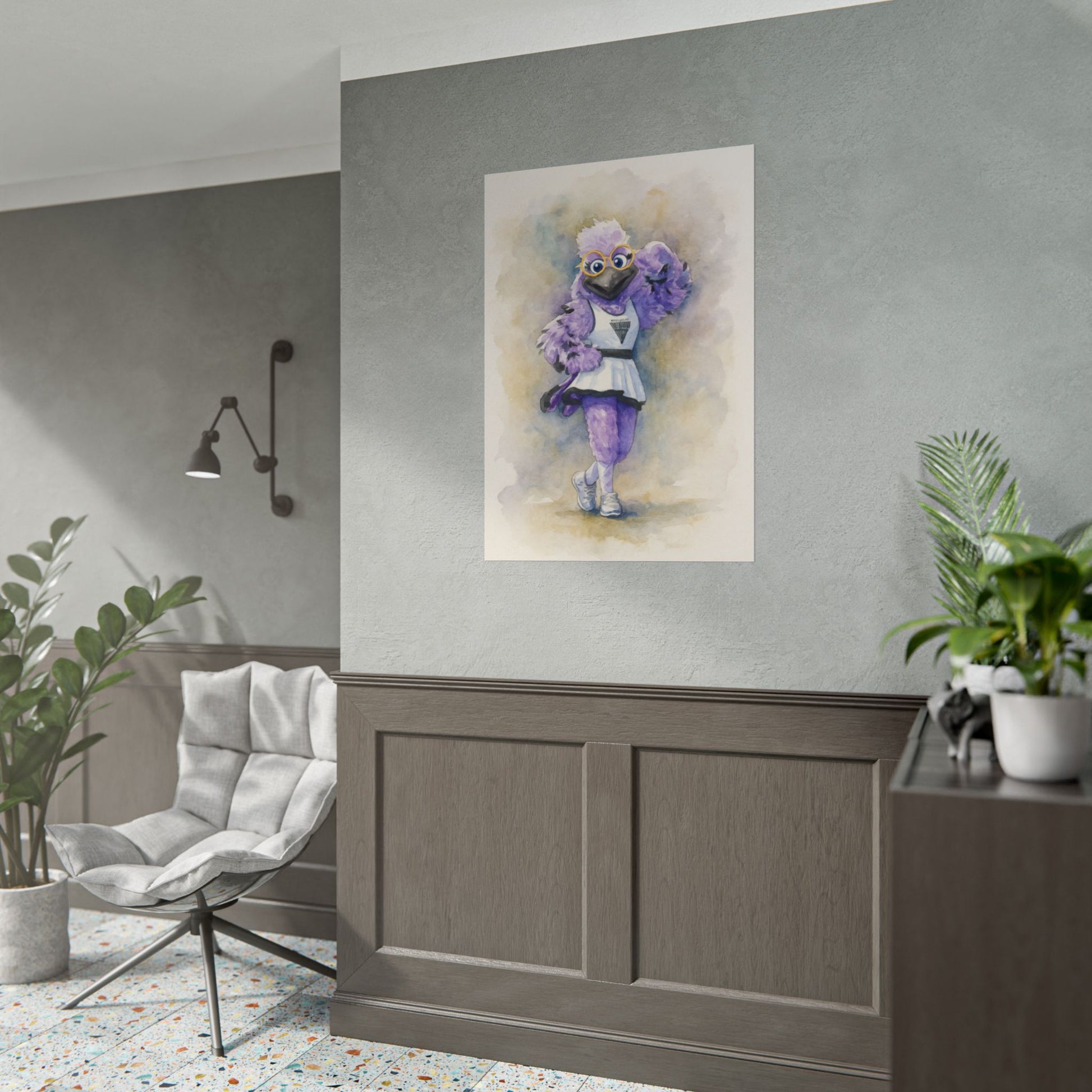 Living room with a decorative painting of a character on the wall, a chair, and plants.