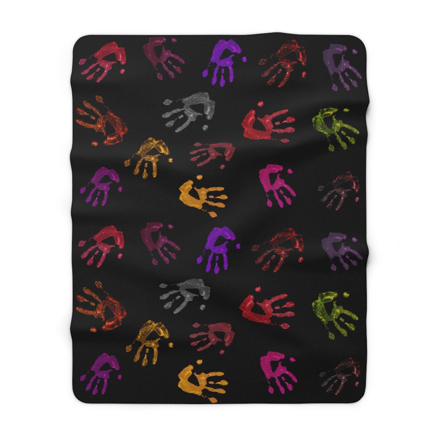 Black blanket with colorful handprints on a white background