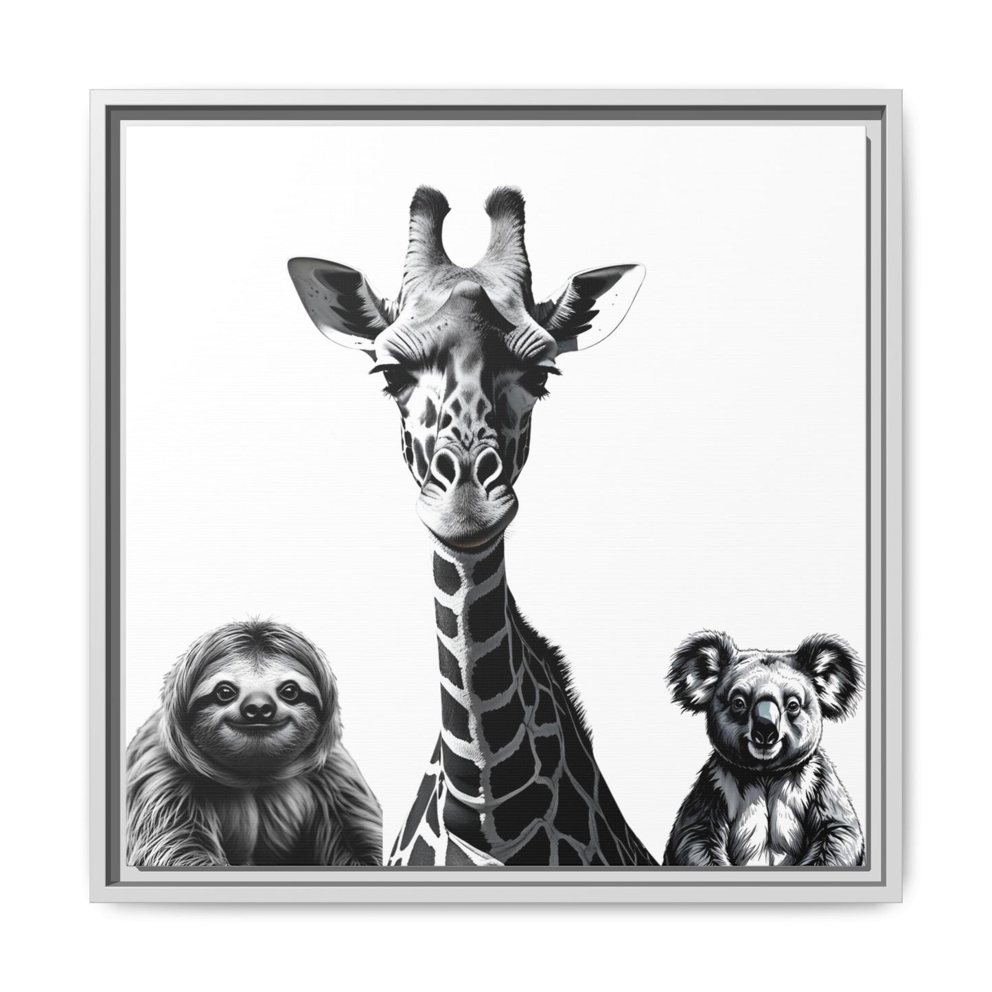 framed playful animal giraffe, sloth, koala print