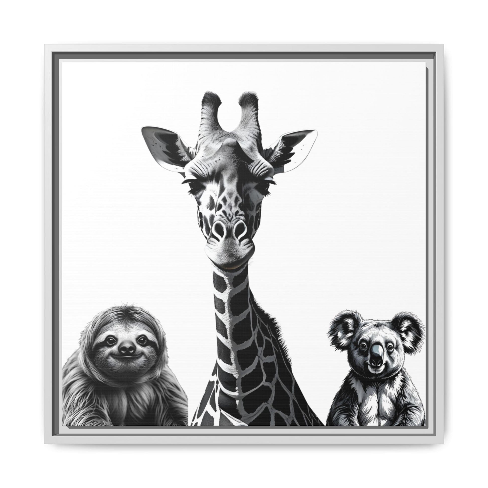 framed playful animal giraffe, sloth, koala print