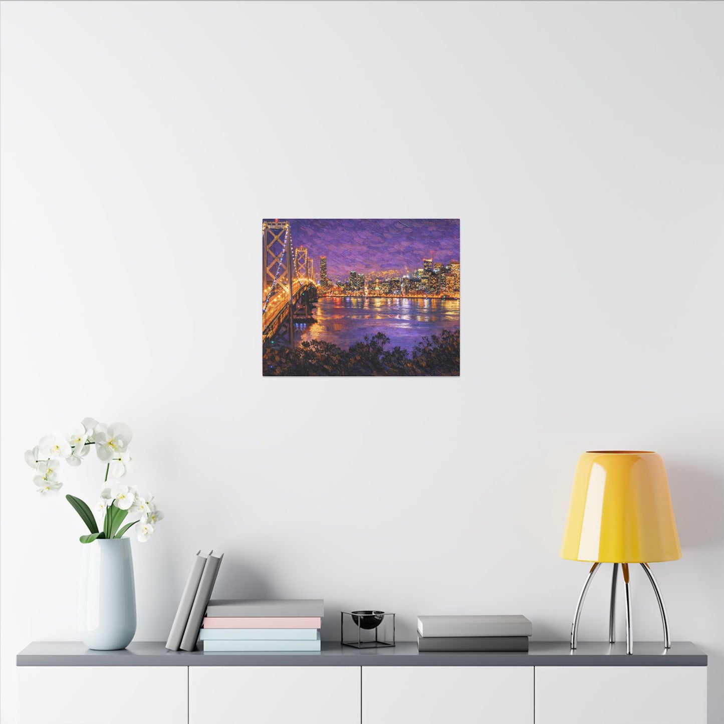 San Francisco Skyline Canvas Wall Art, Bay Bridge Night Painting, Impasto Style Artwork