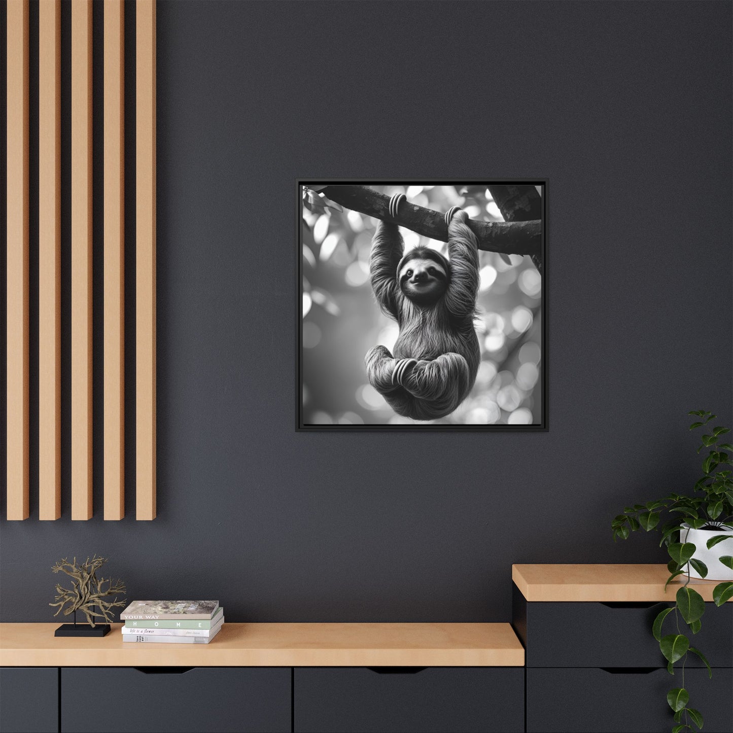 Black and White Sloth Framed Canvas Wall Art, Minimalist Animal Print, Modern Jungle Wildlife Home Decor, Sloth Lover Gift, Monochrome Image