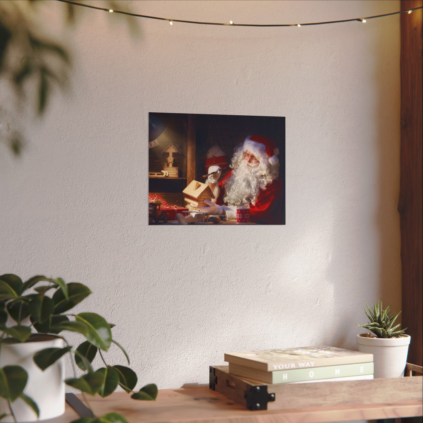 Santa's Workshop Poster, Christmas Wall Art of Santa Making Toys, Vintage Holiday Print, Santa Claus in Toy Shop, Festive Christmas Poster