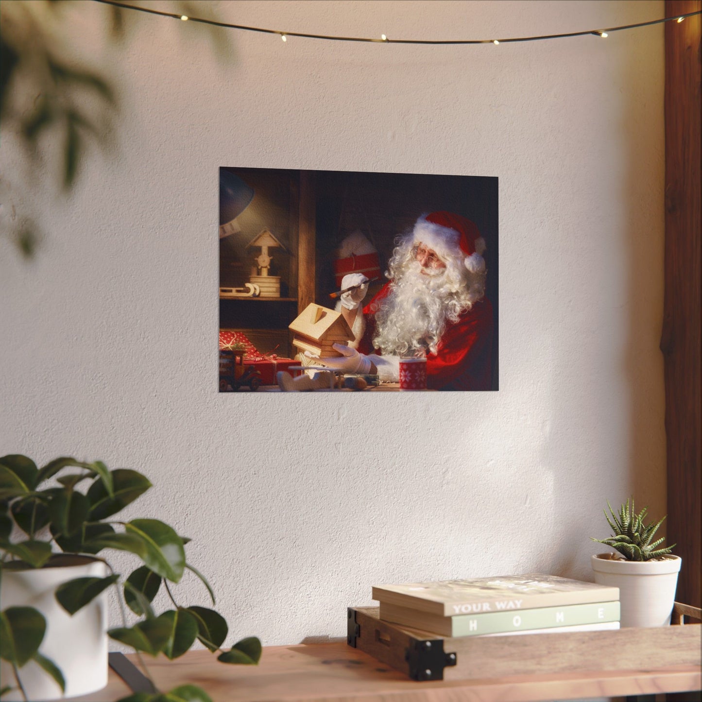 Santa's Workshop Poster, Christmas Wall Art of Santa Making Toys, Vintage Holiday Print, Santa Claus in Toy Shop, Festive Christmas Poster