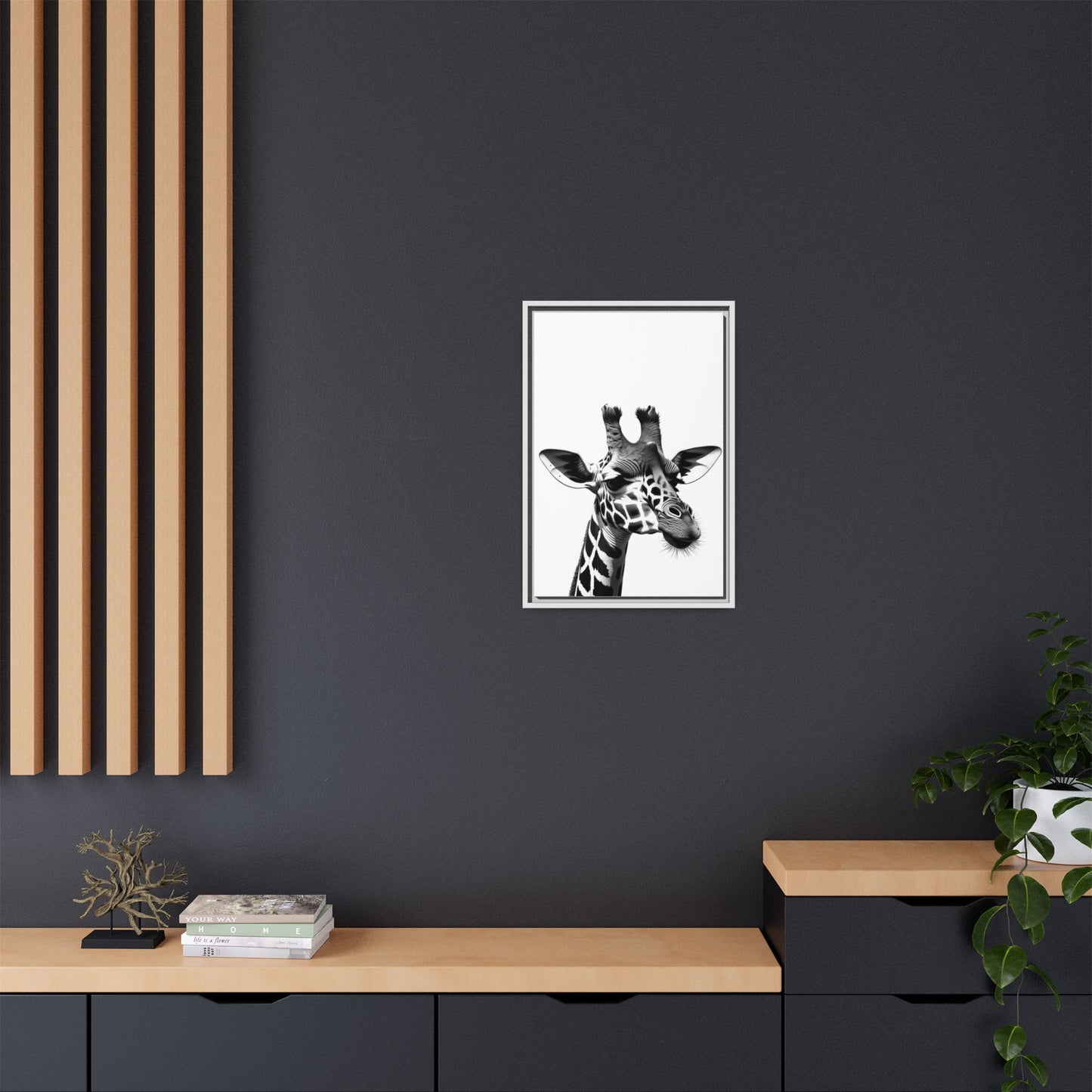 Black and White Giraffe Wall Art – Framed Safari Animal Canvas Print