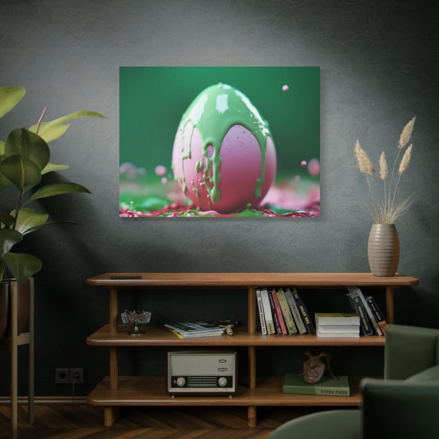 Canvas Wall or Mantle Art Pink Easter Egg with Green Paint Spring Home Decor