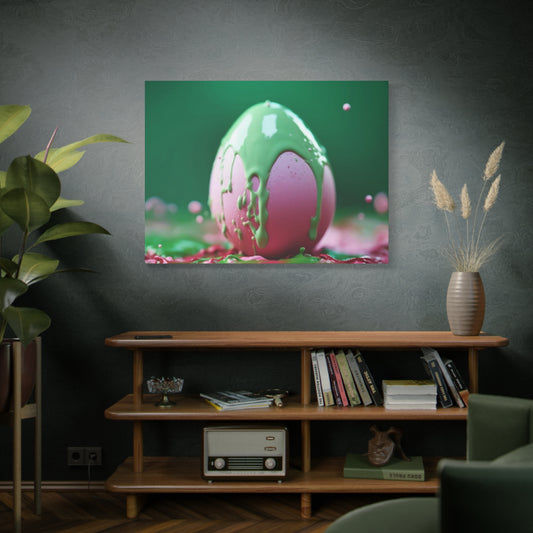 Canvas Wall or Mantle Art Pink Easter Egg with Green Paint Spring Home Decor