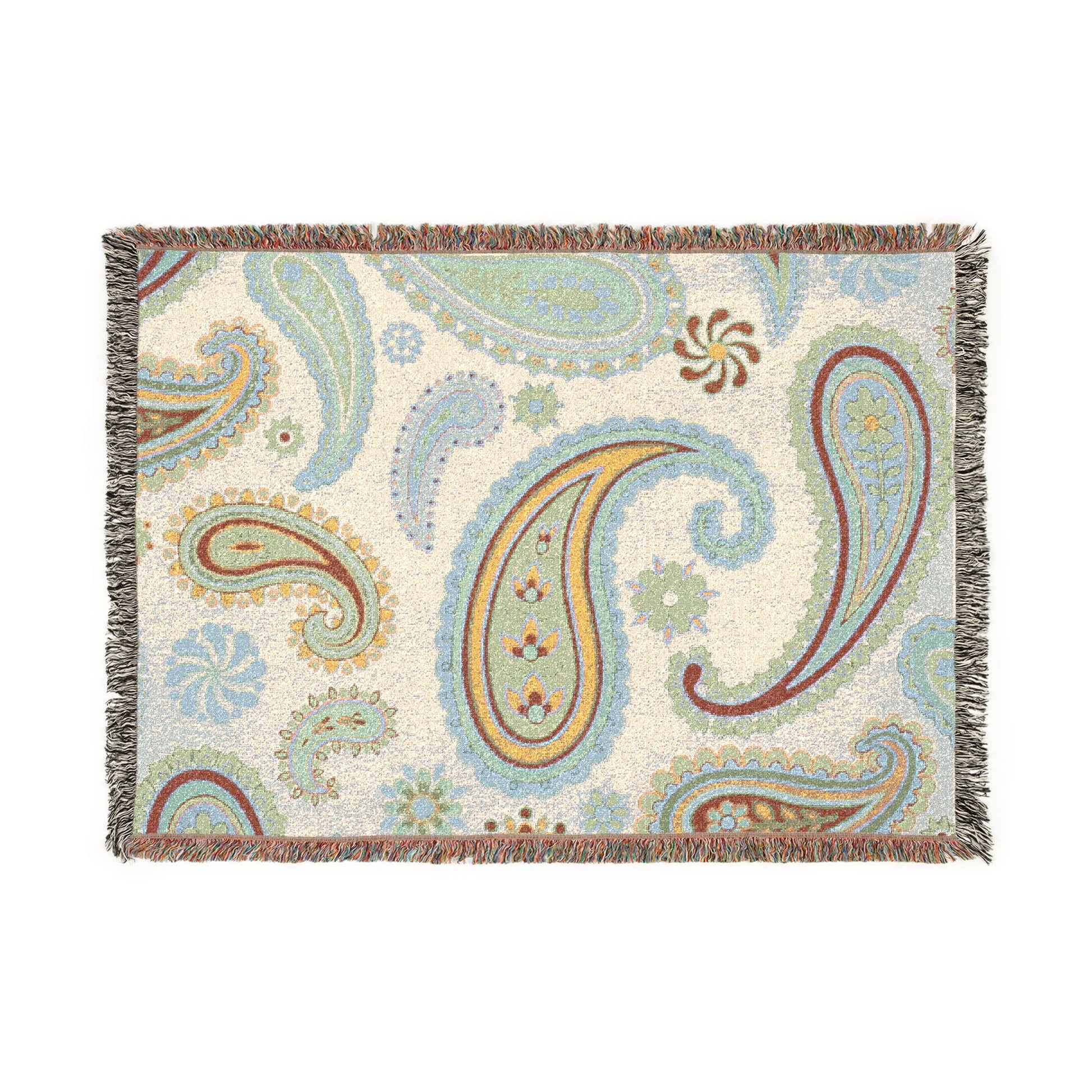 Paisley patterned throw blanket with colorful design on a white background