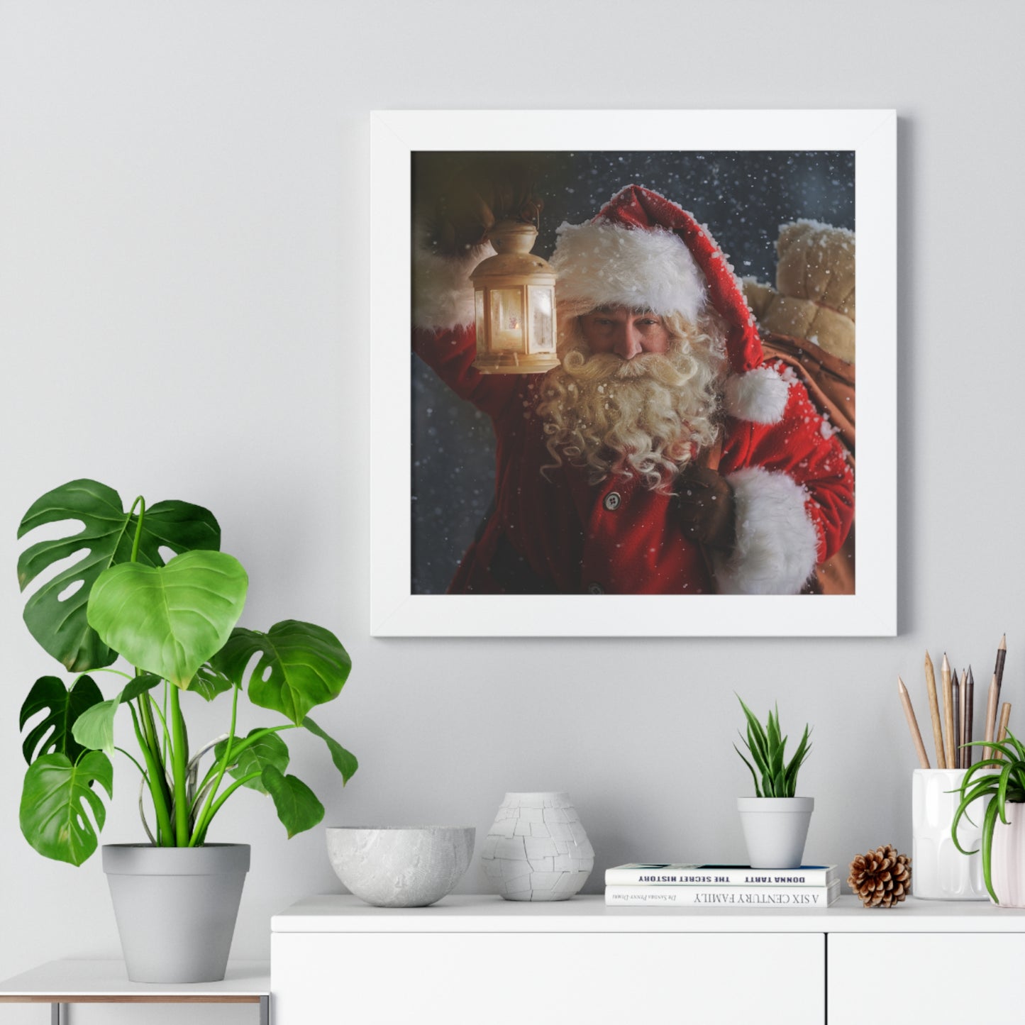 Christmas Wall Art Vintage Santa Claus with Lantern and Toy Bag | Vintage Mantle Art