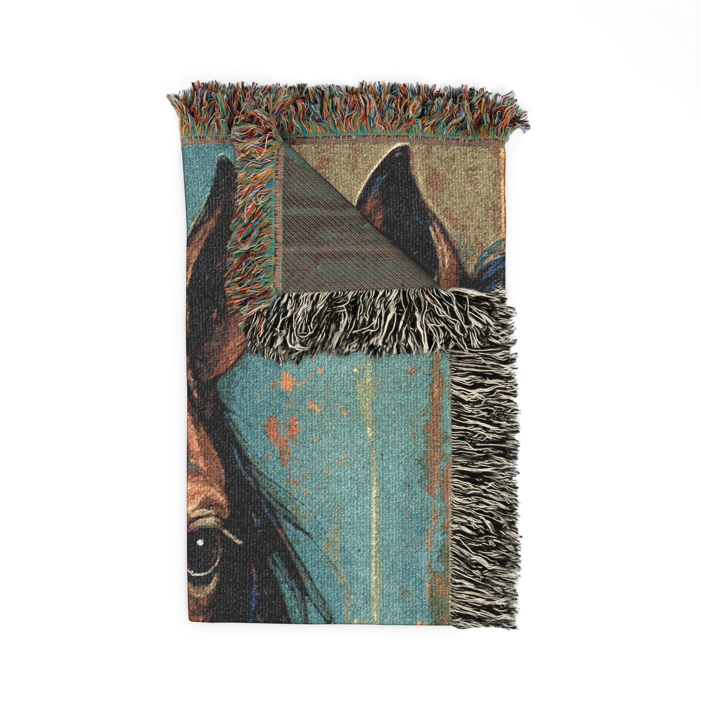 Textile with horse design and fringes on a white background