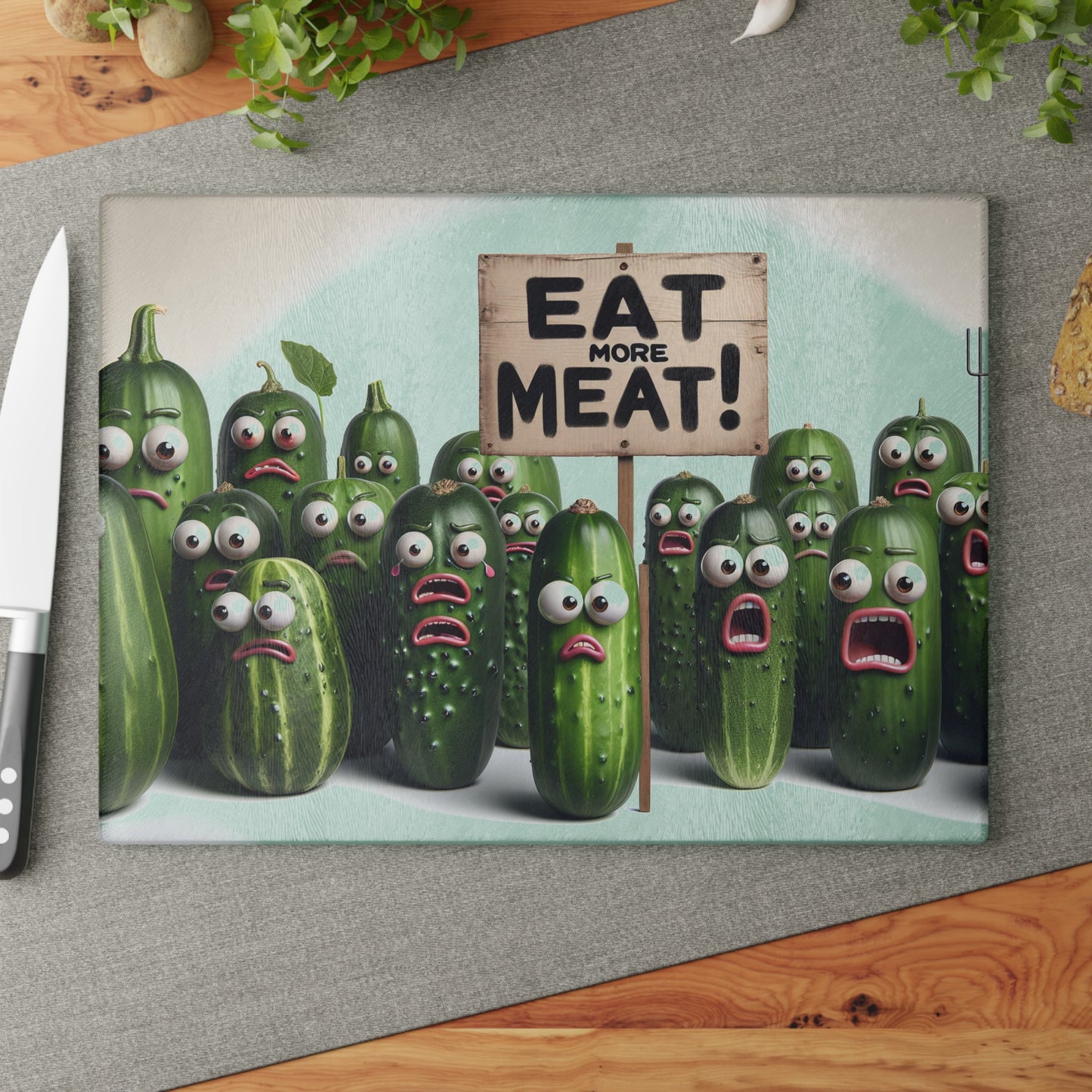 Cutting board with cartoon cucumbers and 'Eat More Meat!' sign on a gray surface.