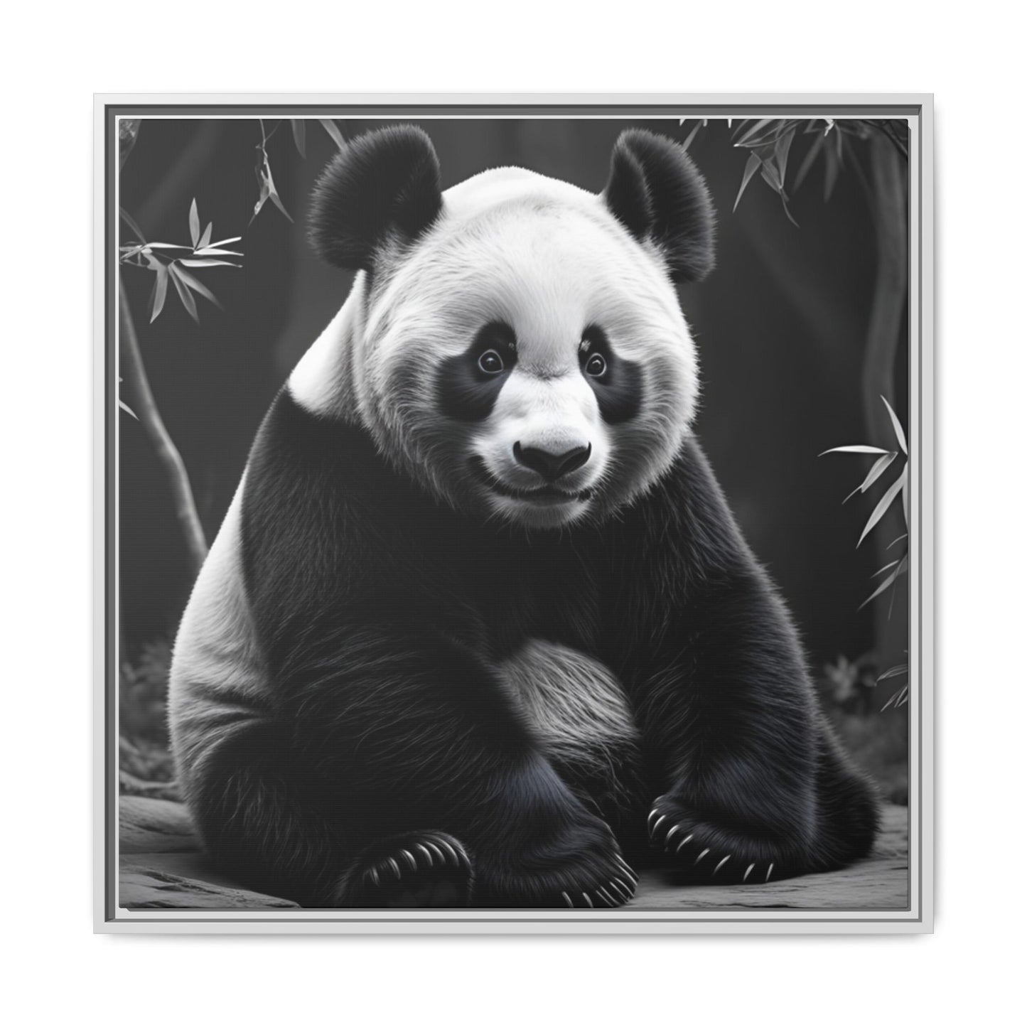 Black and white panda bear sitting on a branch with bamboo leaves in the background