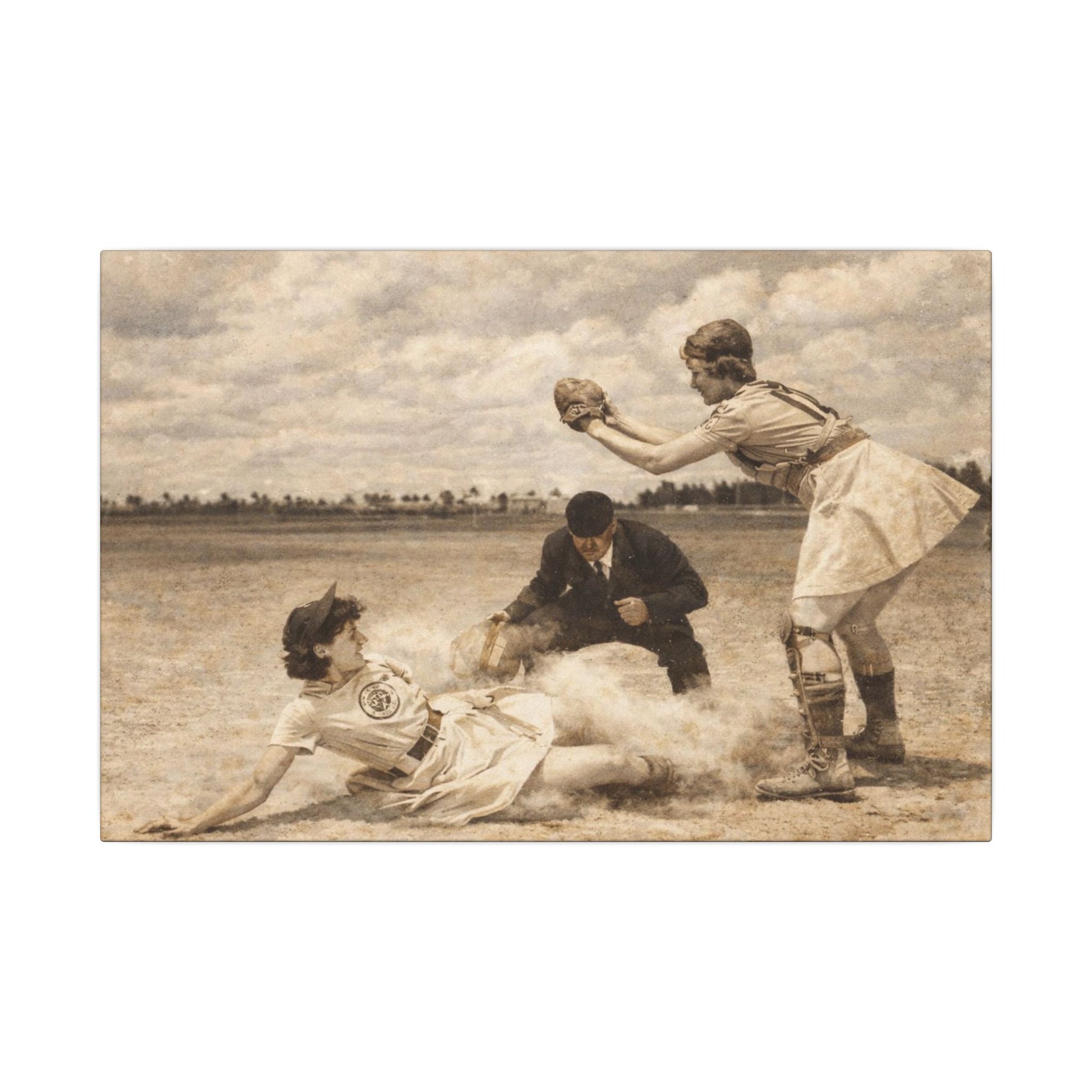 Vintage black and white photograph of a baseball game with a player sliding into home plate and another player catching the ball.