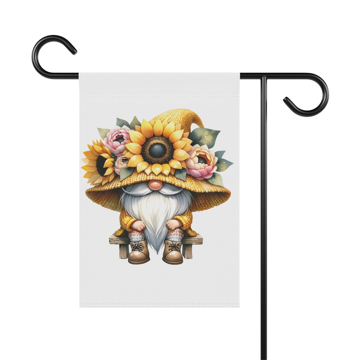 Gnome with sunflower hat garden flag on a white background