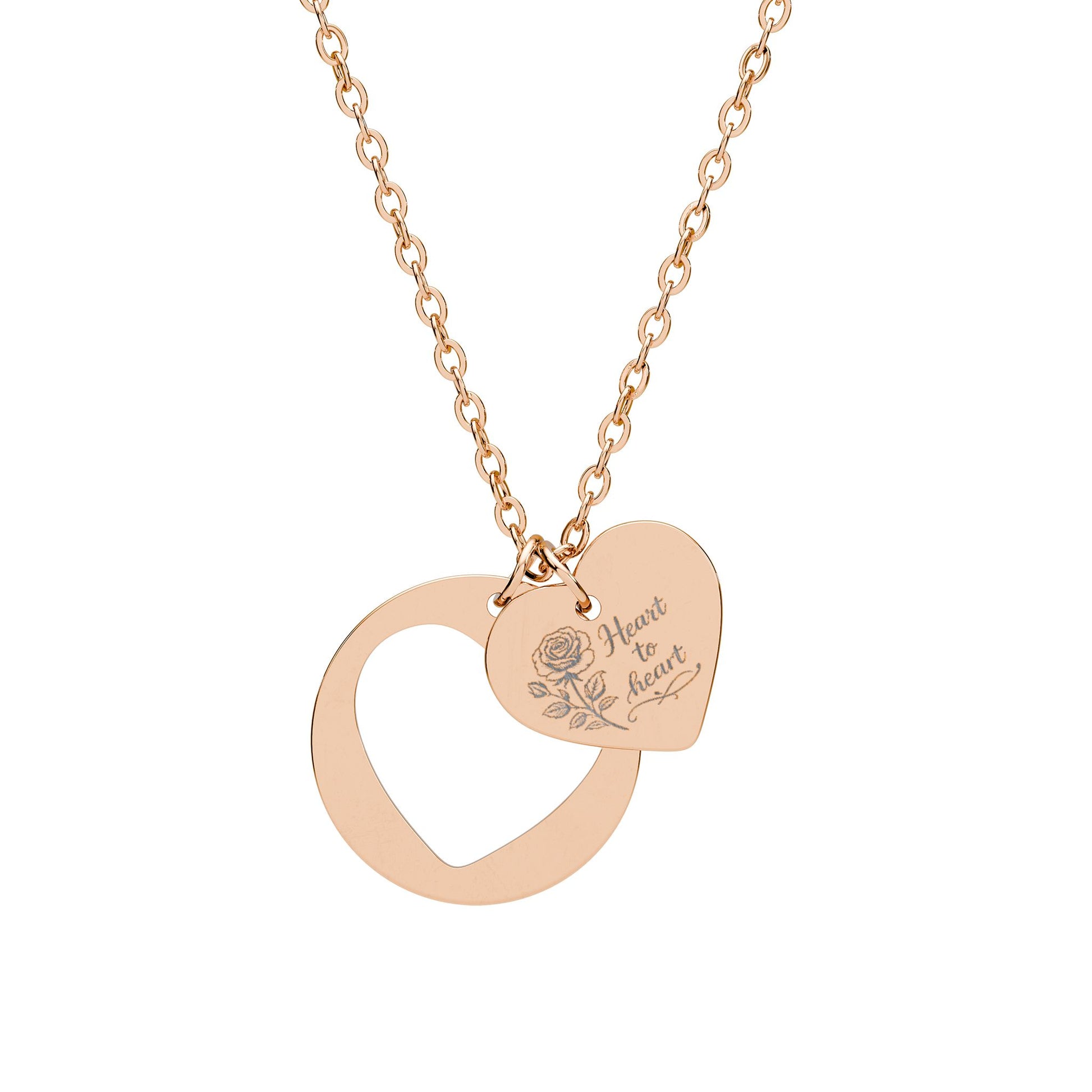 Rose gold necklace with heart-shaped pendants on a white background