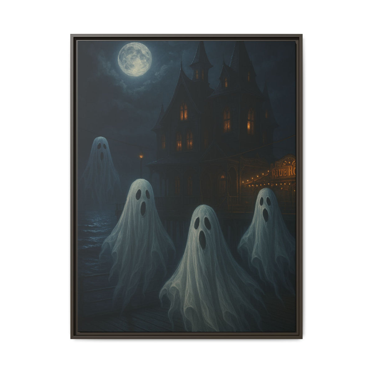Haunted House Ghost Canvas Wall Art – Spooky Halloween Framed Art, Vintage Horror Decor, Gothic Night Scene Print