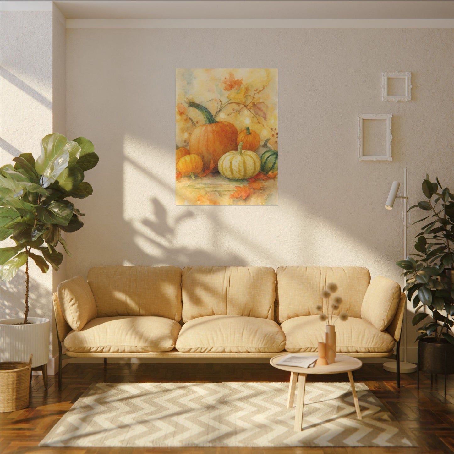 Living room with beige sofa, coffee table, and wall art of pumpkins.