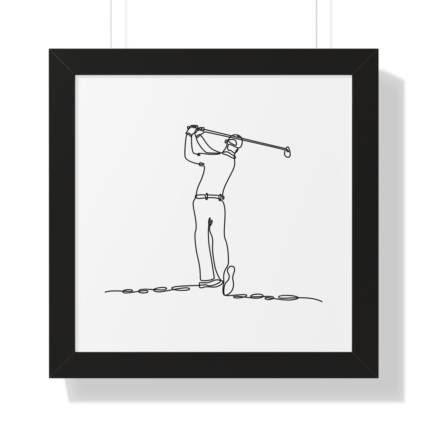 Framed artwork of a line drawing of a golfer in a black frame.
