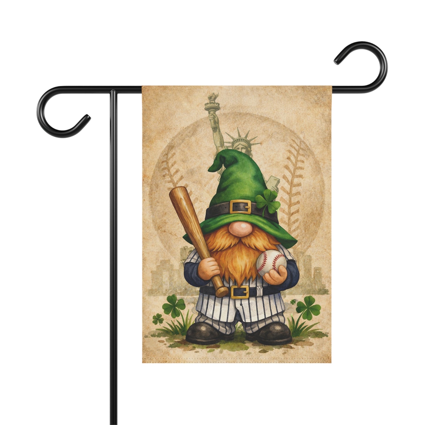Garden flag with a gnome holding a baseball bat and ball, set against a vintage-style background.