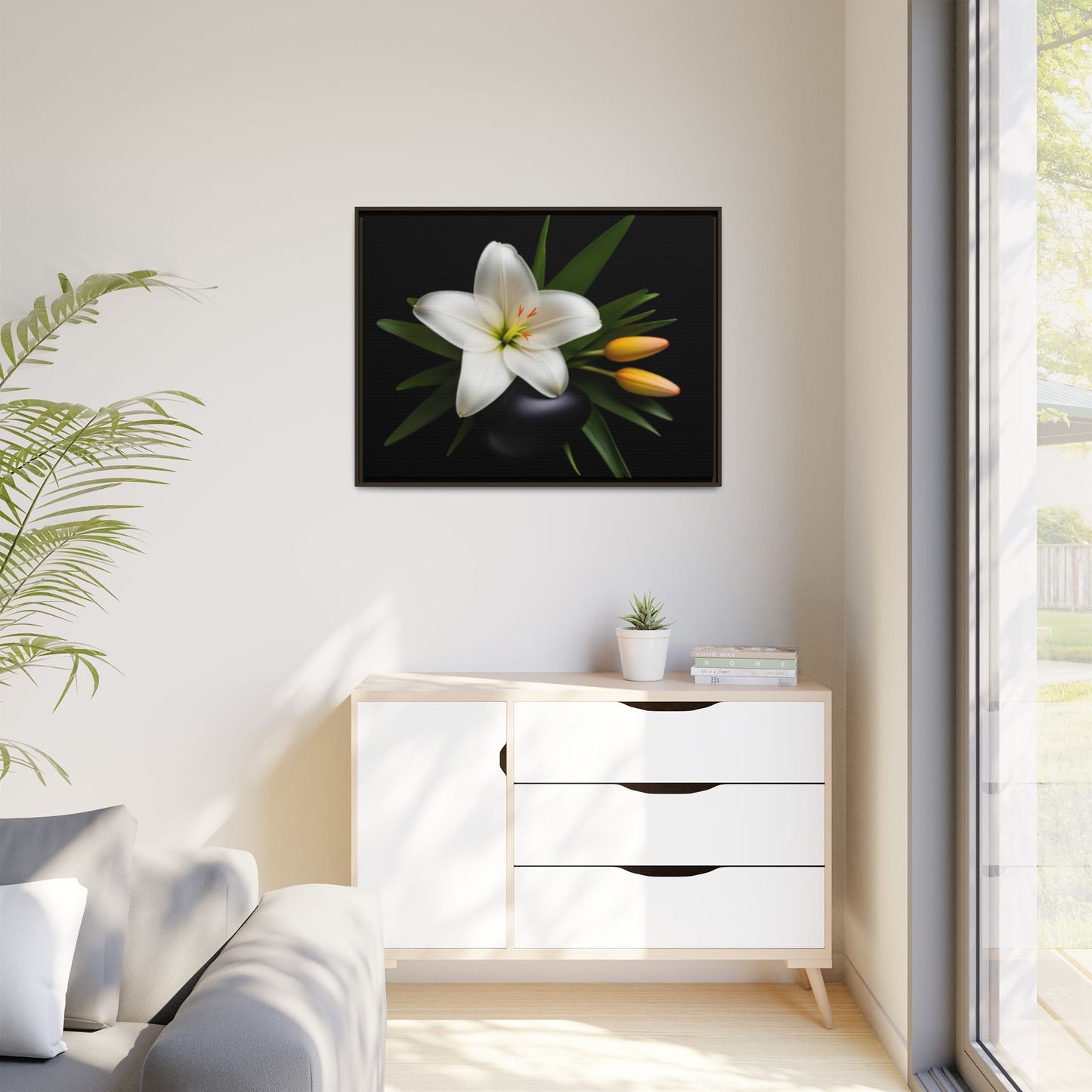 White Lily Wall Art Canvas Print Framed | Elegant Floral Wall Decor for Bedroom, Living Room, Bathroom
