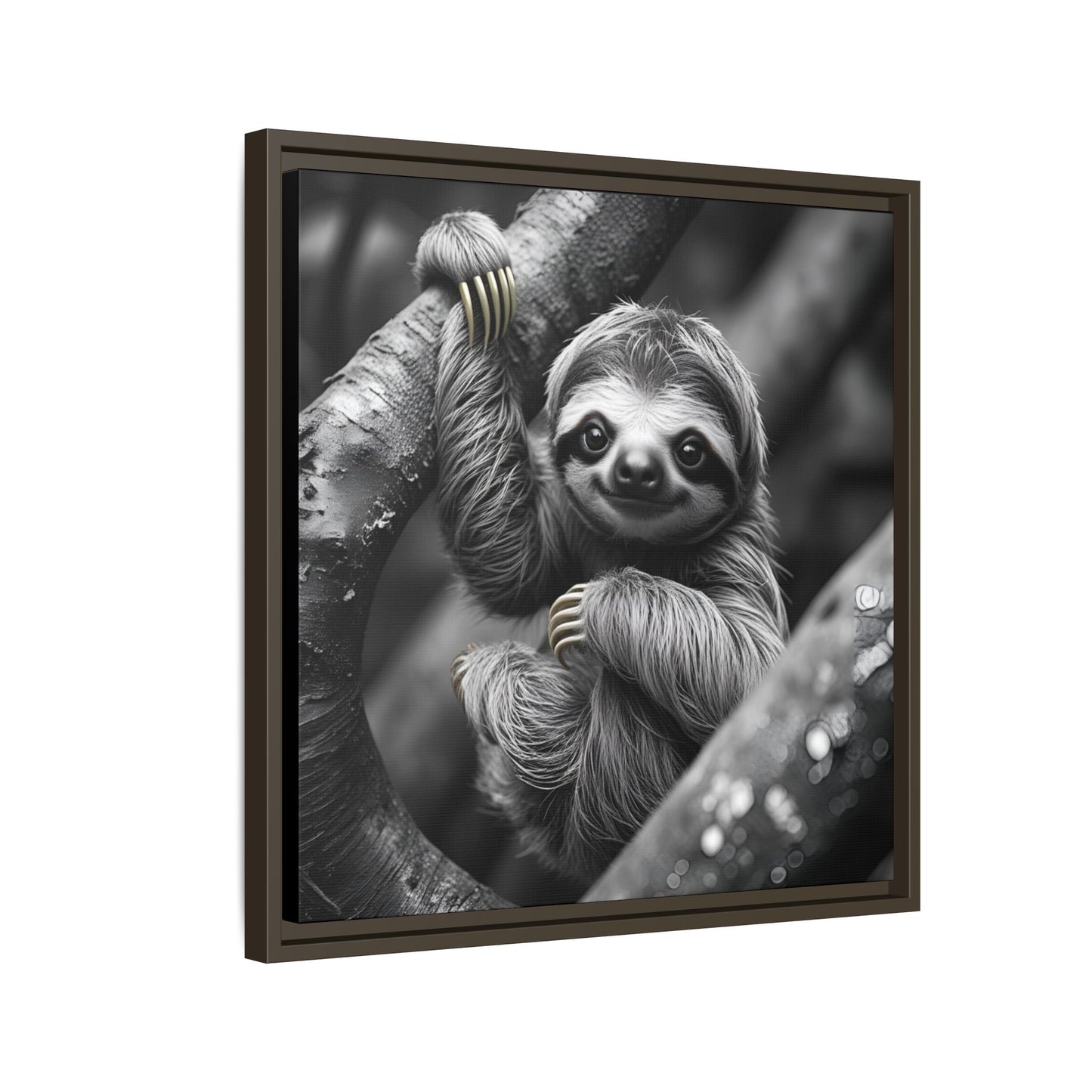 Smiling Sloth Hanging on Tree Branch Wall Art on Framed Canvas, Sloth Lover Gift, Nursery Decor, Wildlife Artwork