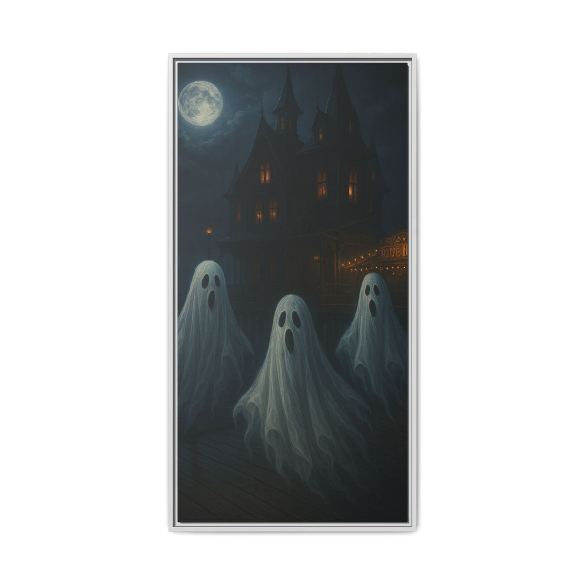 Haunted House Ghost Canvas Wall Art – Spooky Halloween Framed Art, Vintage Horror Decor, Gothic Night Scene Print