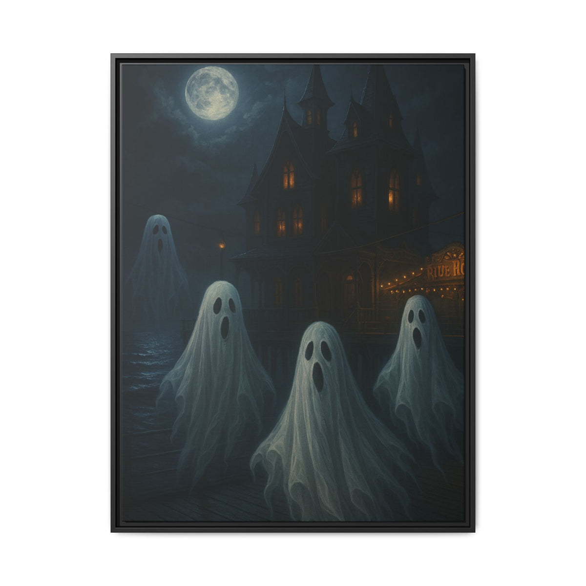 Haunted House Ghost Canvas Wall Art – Spooky Halloween Framed Art, Vintage Horror Decor, Gothic Night Scene Print