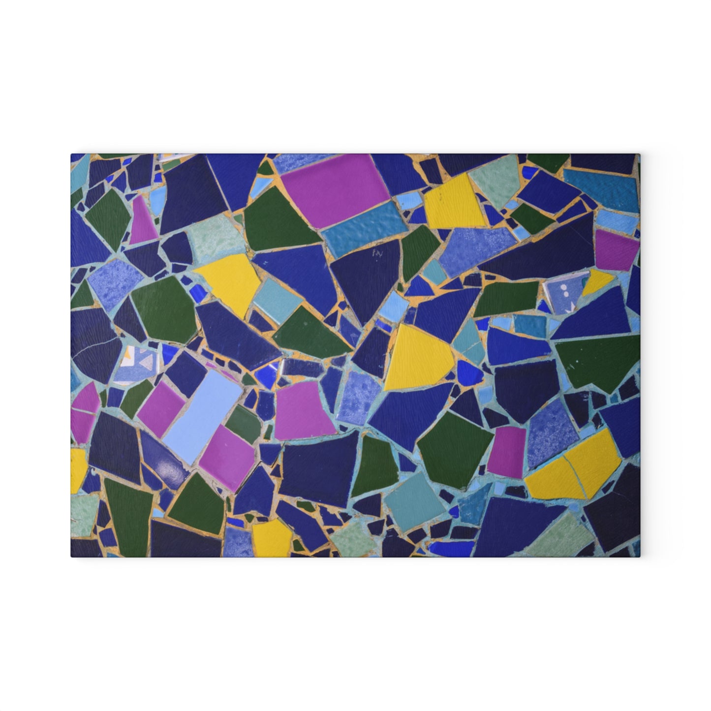 Colorful mosaic pattern with blue, green, yellow, and purple tiles on a white background