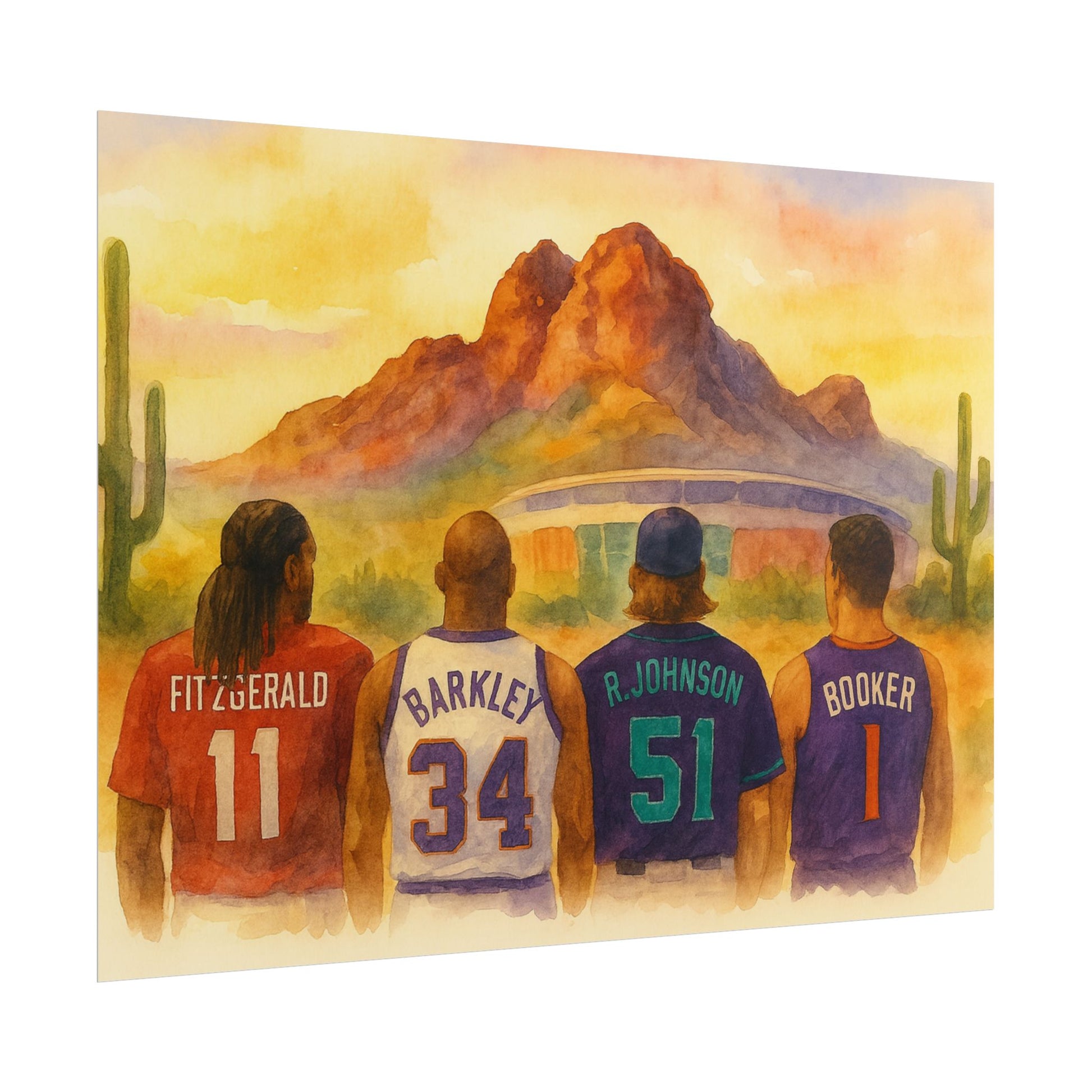 Four people wearing basketball jerseys with names and numbers against a desert landscape with mountains and cacti.