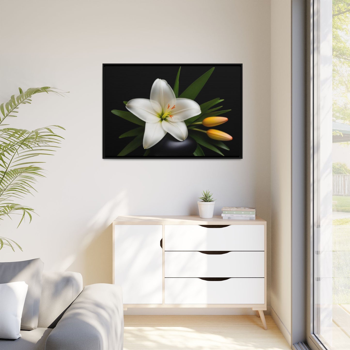 White Lily Wall Art Canvas Print Framed | Elegant Floral Wall Decor for Bedroom, Living Room, Bathroom