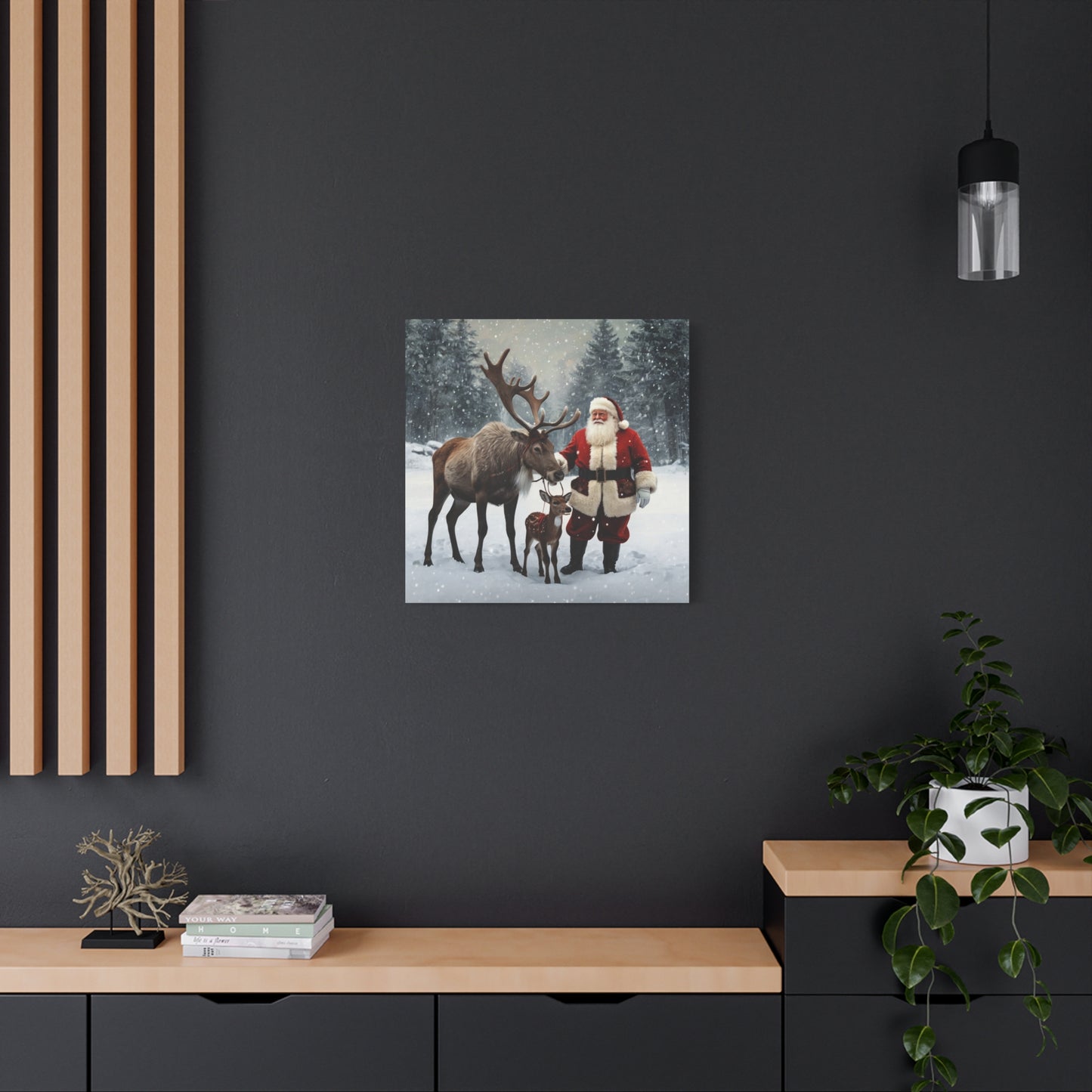 Santa with Reindeer Christmas Wall Art Canvas | Festive Holiday Home Decor