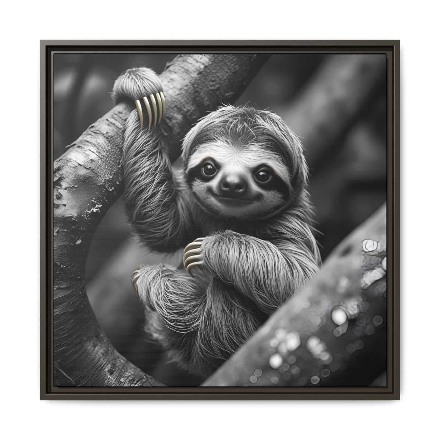 Smiling Sloth Hanging on Tree Branch Wall Art on Framed Canvas, Sloth Lover Gift, Nursery Decor, Wildlife Artwork