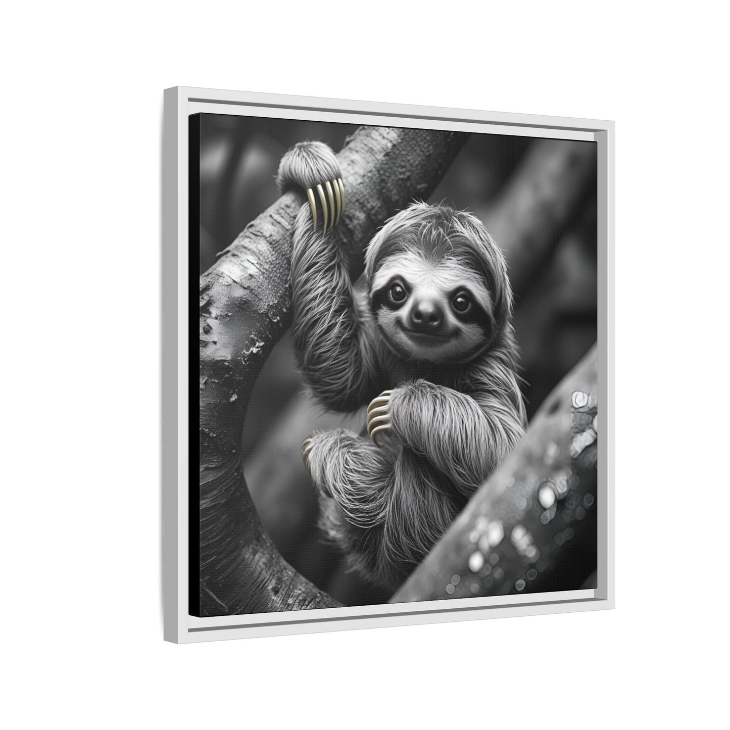 Smiling Sloth Hanging on Tree Branch Wall Art on Framed Canvas, Sloth Lover Gift, Nursery Decor, Wildlife Artwork