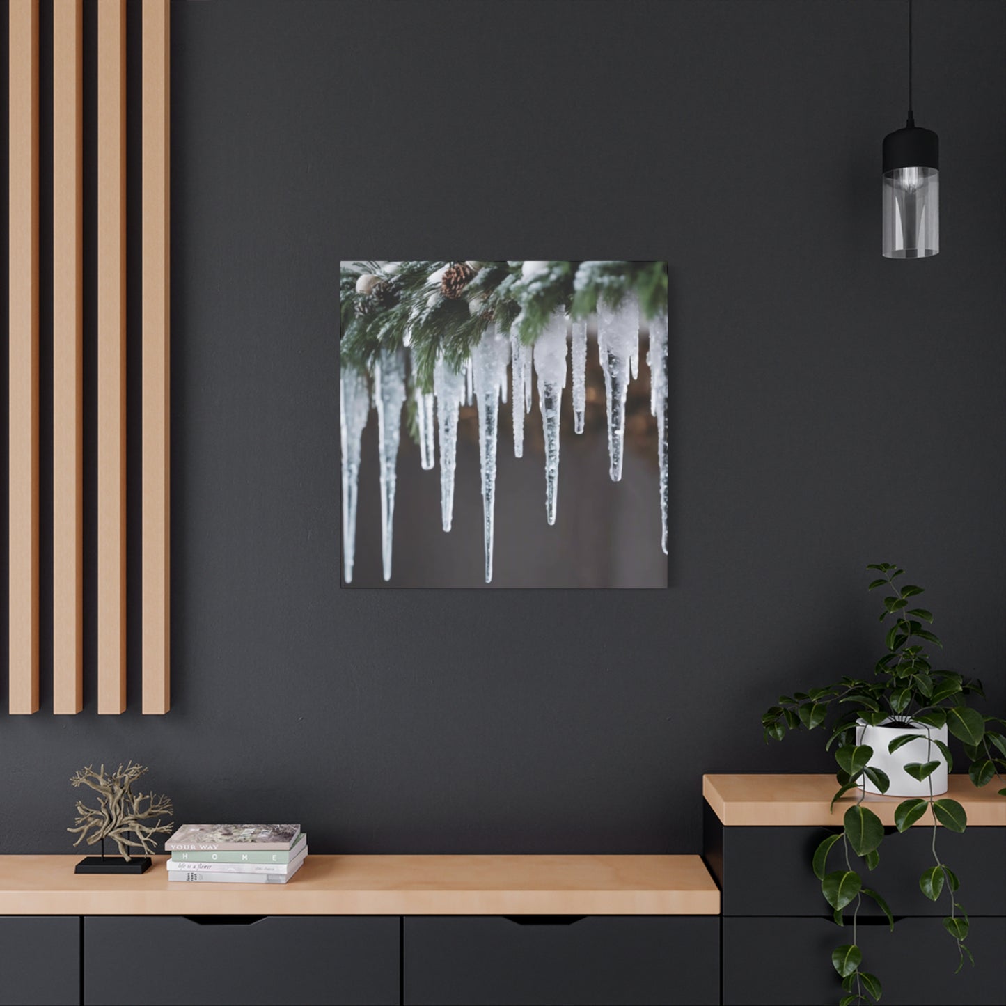 Winter Icicles Pine Branch Canvas Art: Holiday Home Decor, Stretched, 1.25"