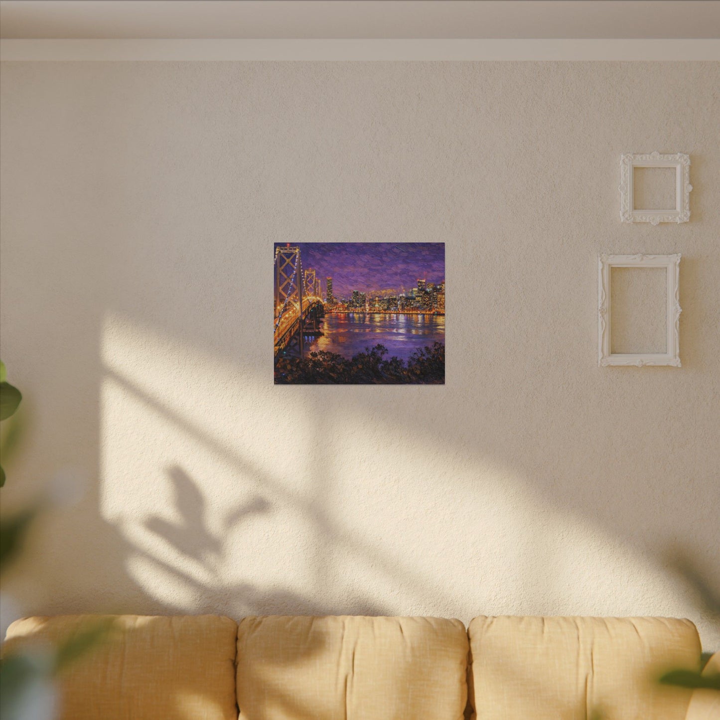 San Francisco Skyline Canvas Wall Art, Bay Bridge Night Painting, Impasto Style Artwork